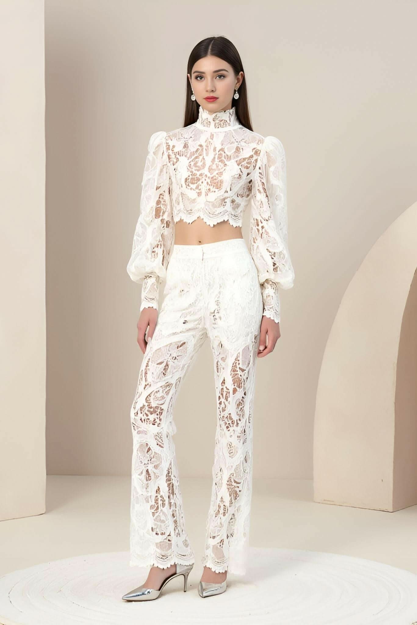 Rebecca Guipure Lace Top & Pant Set In White