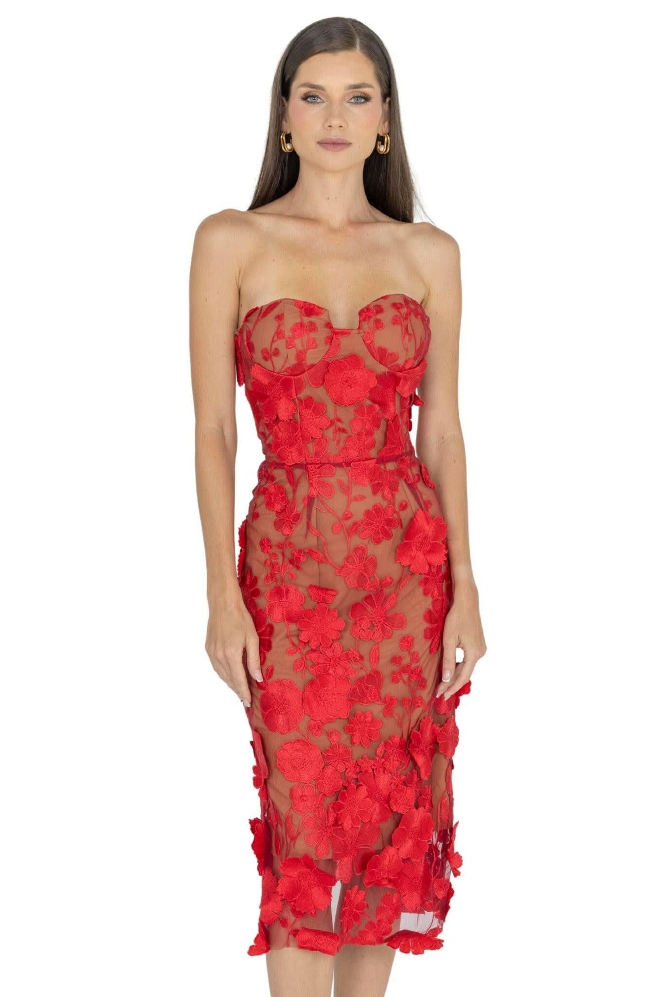 Anni Floral Embroidered Strapless Midi Dress - Akalia
