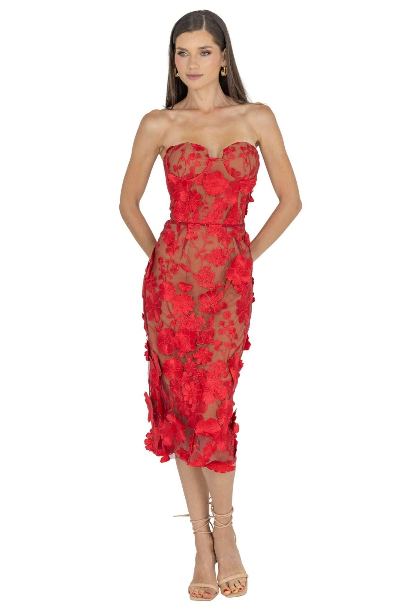 Anni Floral Embroidered Strapless Midi Dress - Akalia