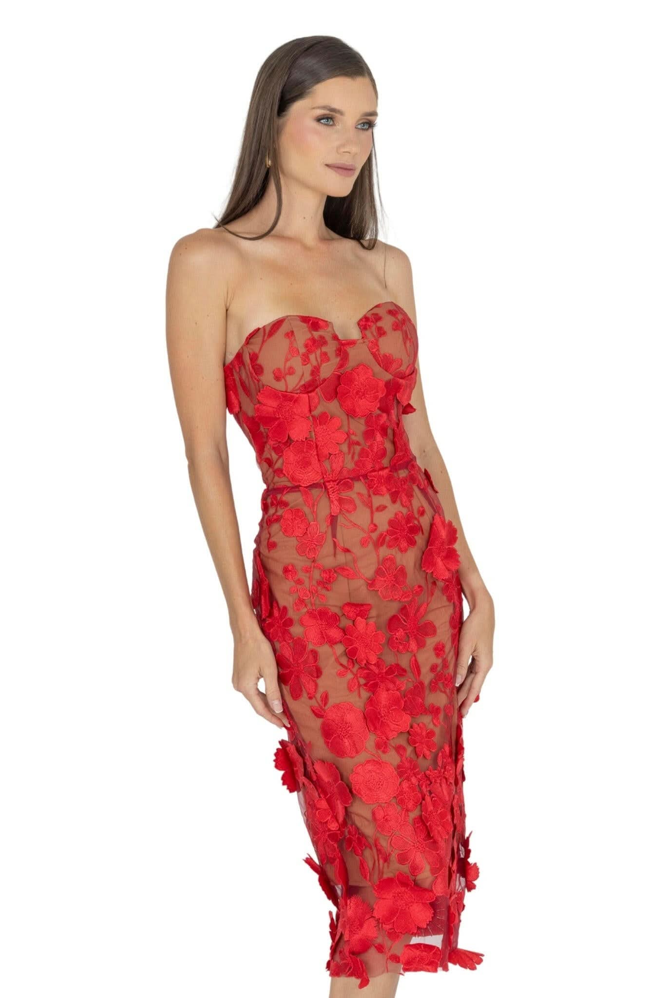 Anni Floral Embroidered Strapless Midi Dress - Akalia