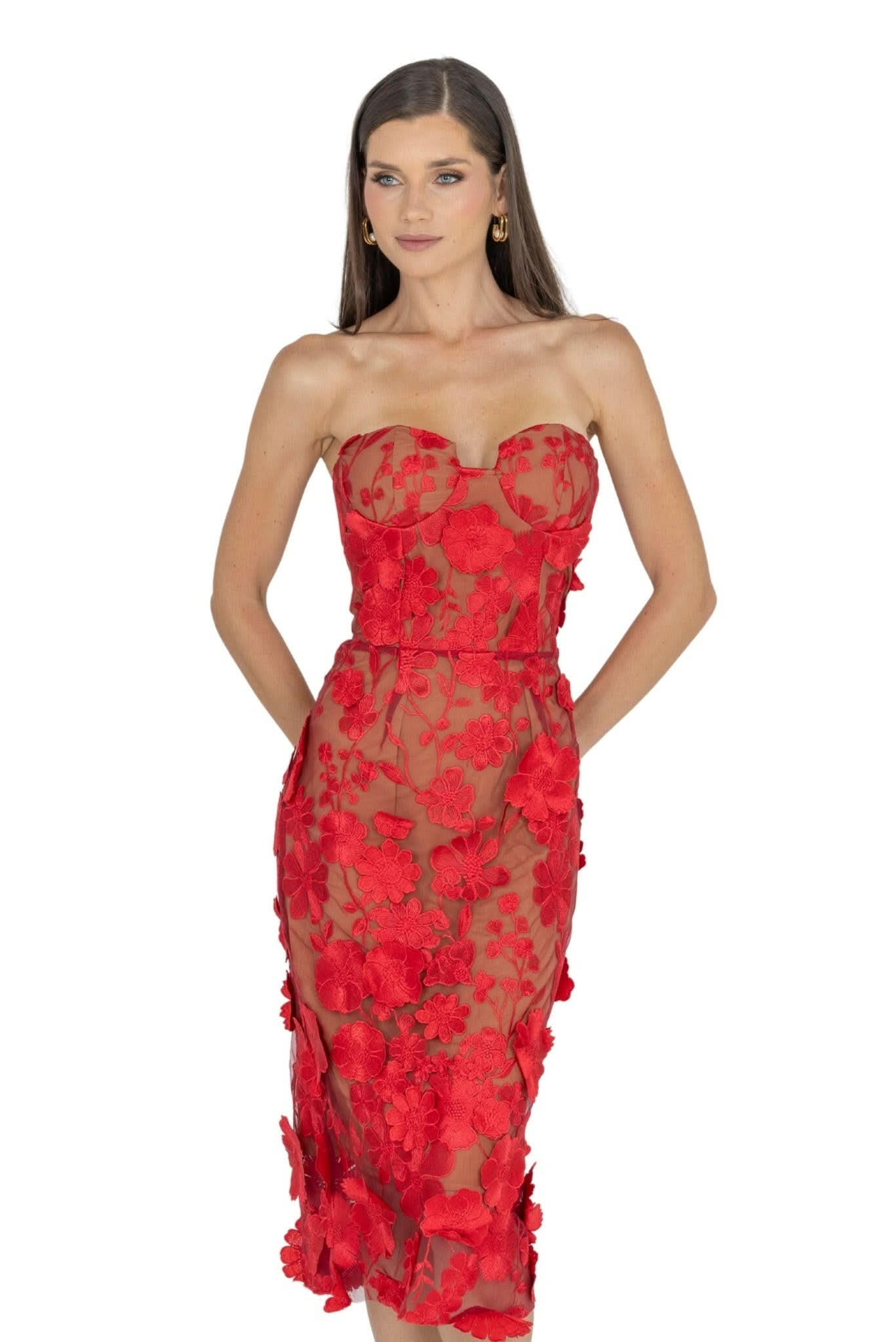 Anni Floral Embroidered Strapless Midi Dress - Akalia