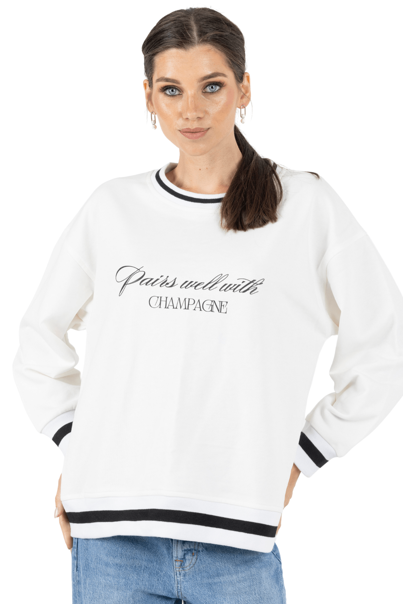 Bella Printed Round Neck Pullover Sweatshirt White - Akalia