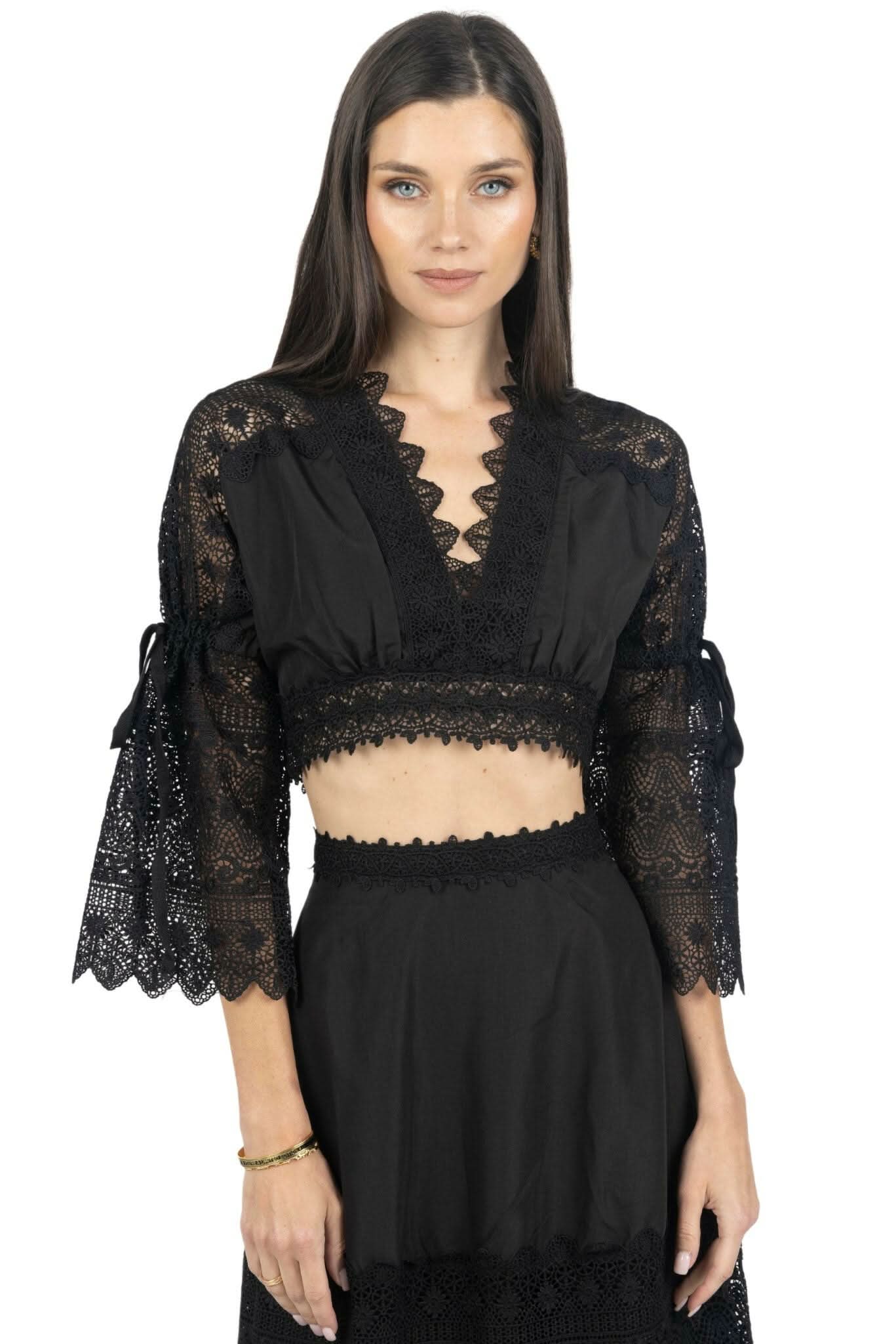 Emily Guipure Lace Top & Maxi Skirt Set In Black - Akalia