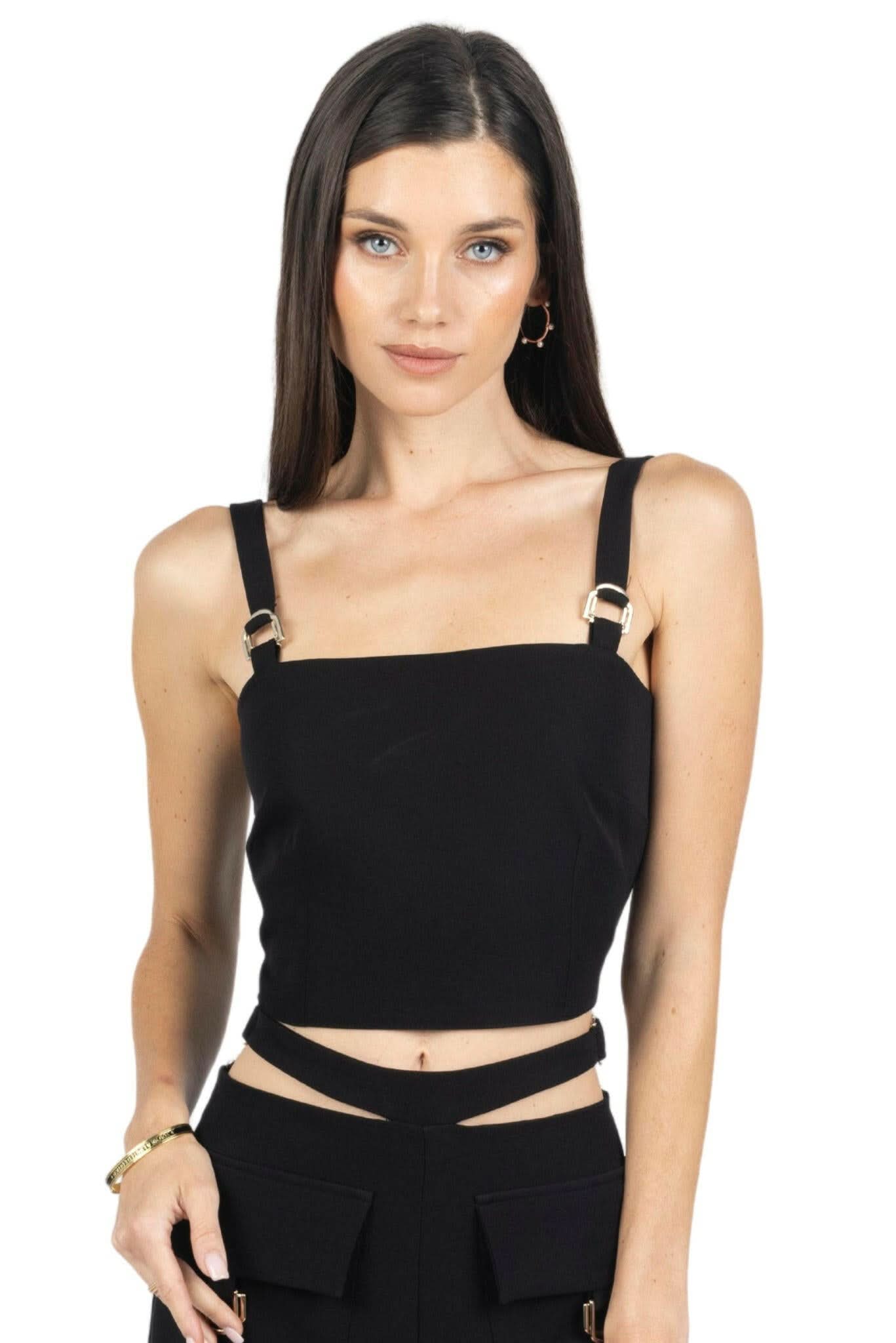 Kim Cropped Top With Buckles in Black - Akalia
