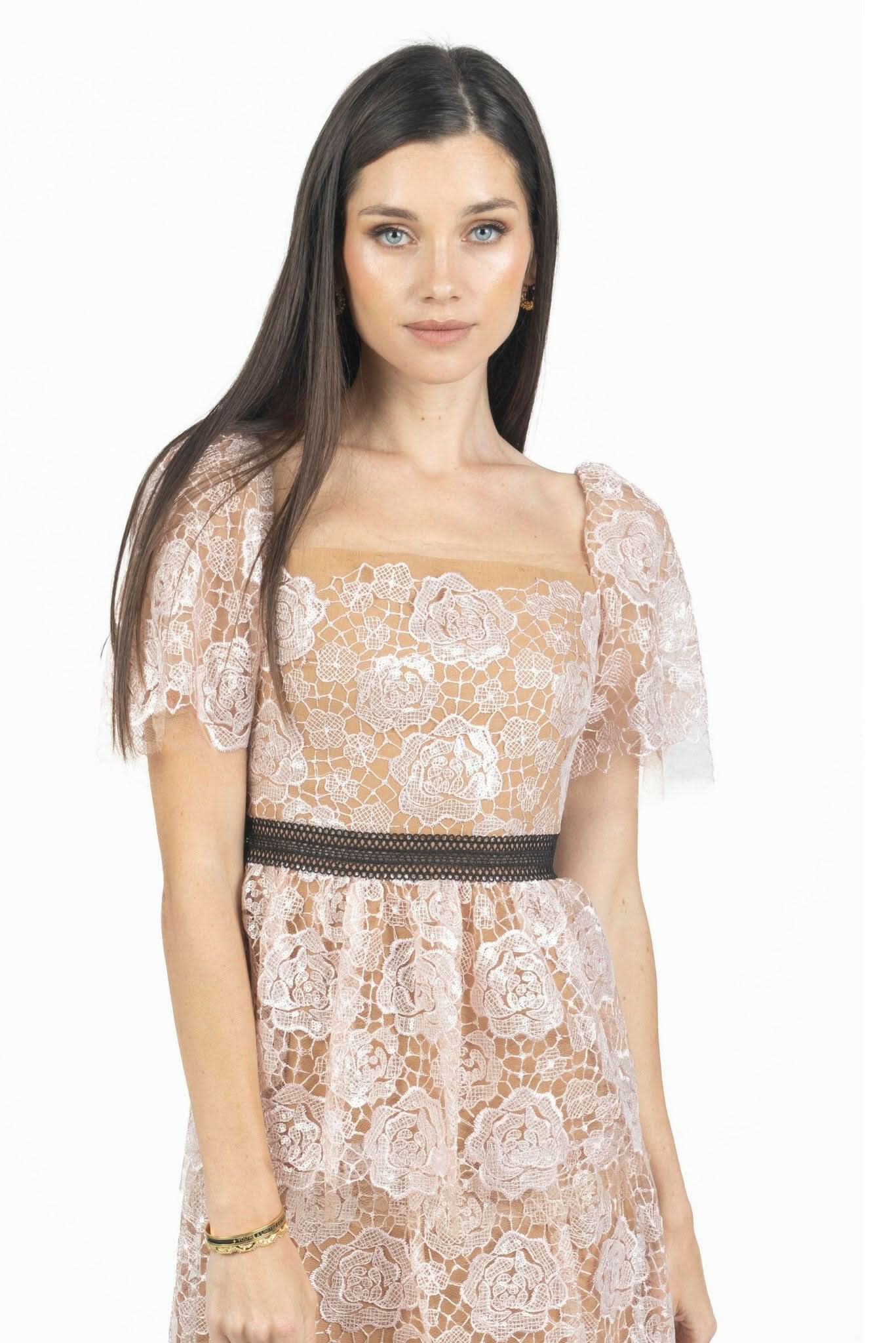 Luna Guipure Lace Embellished Dress in Pink - Akalia