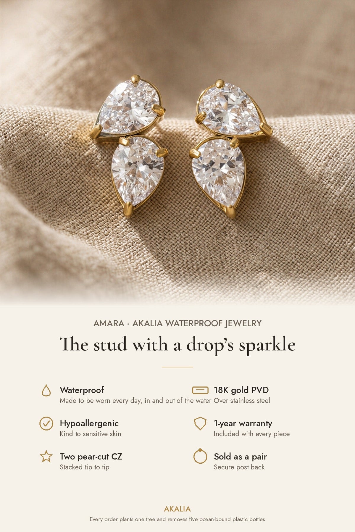 Amara Waterproof Double Teardrop CZ Stud Earring features: waterproof, 18K gold PVD, hypoallergenic, 1-year warranty