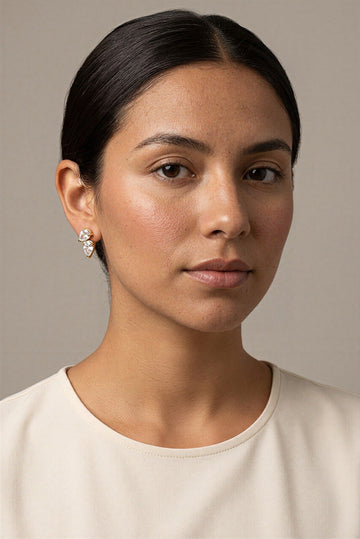 Amara Waterproof Double Teardrop CZ Stud Earring worn by model – Akalia waterproof jewelry