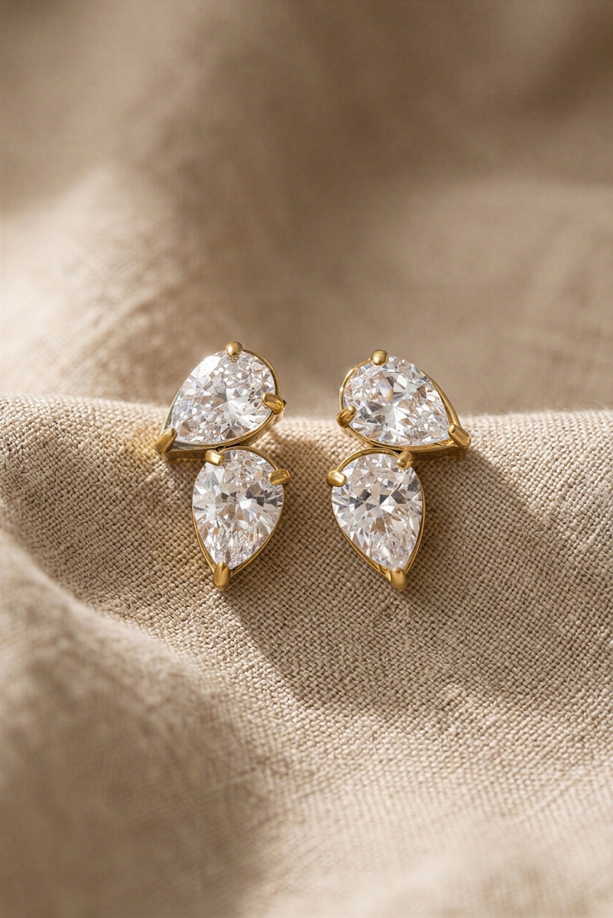 Amara Waterproof Double Teardrop CZ Stud Earring close-up detail – 18K gold PVD over stainless steel