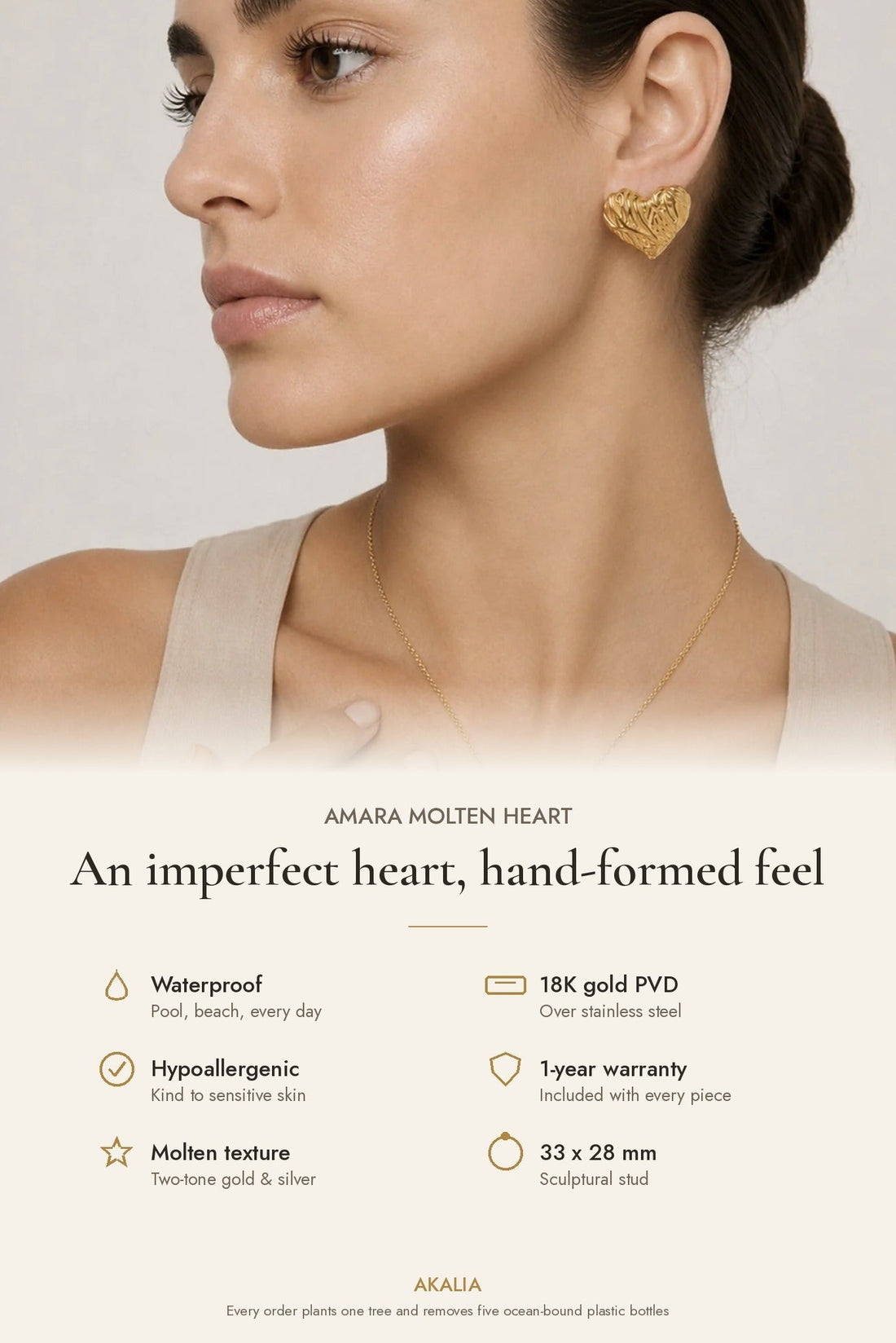 Amara Waterproof Molten Heart Stud - Akalia