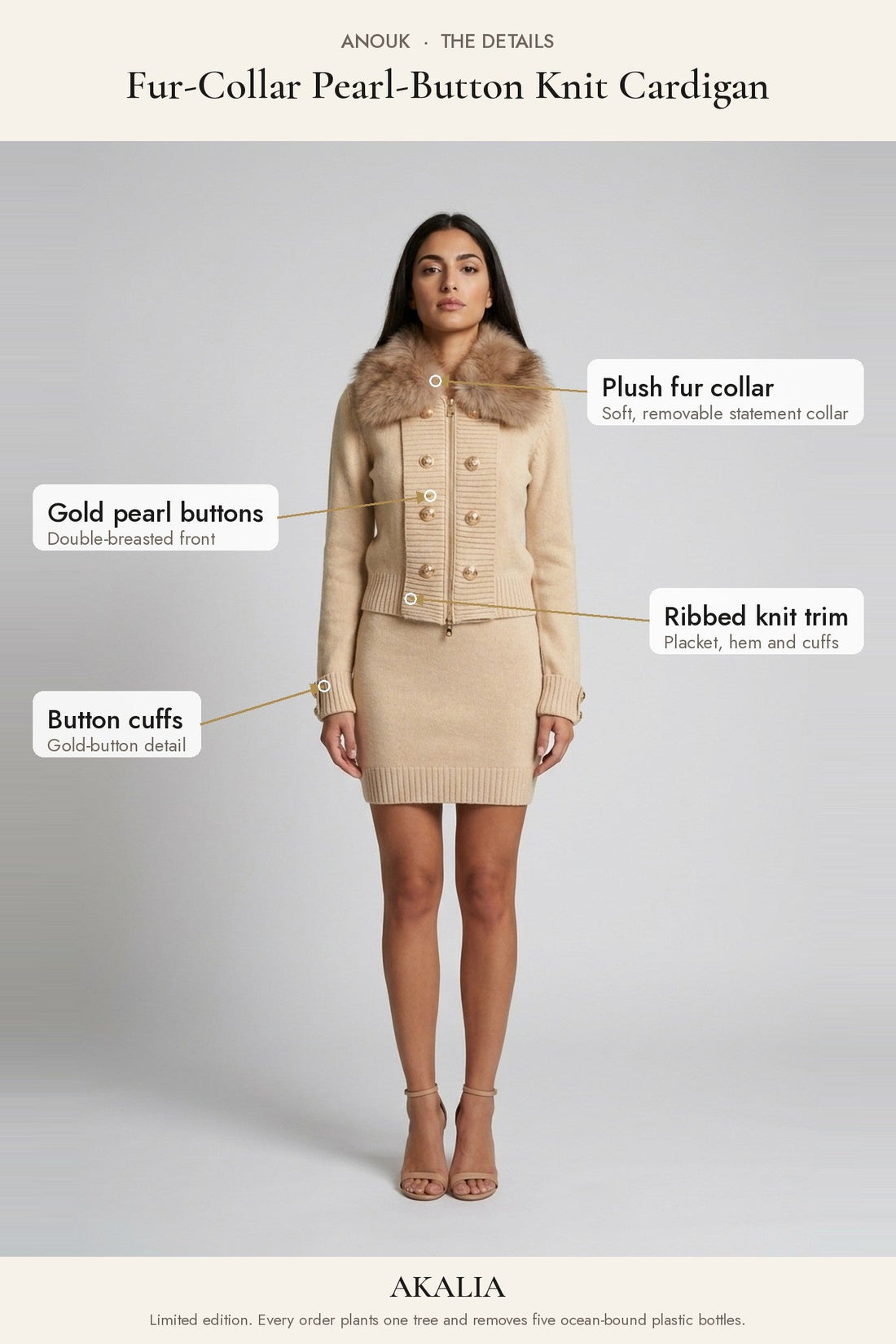 Anouk Fur-Collar Pearl-Button Knit Cardigan - Akalia