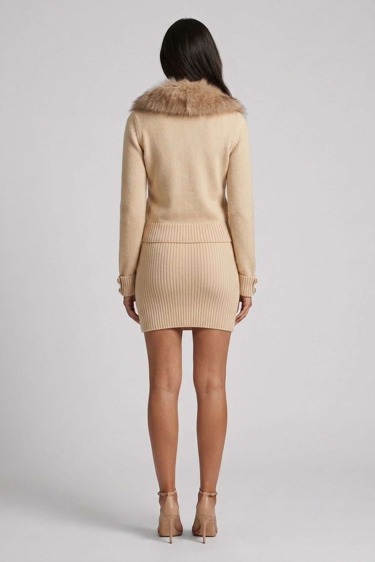 Anouk Fur-Collar Pearl-Button Knit Cardigan back view - Akalia