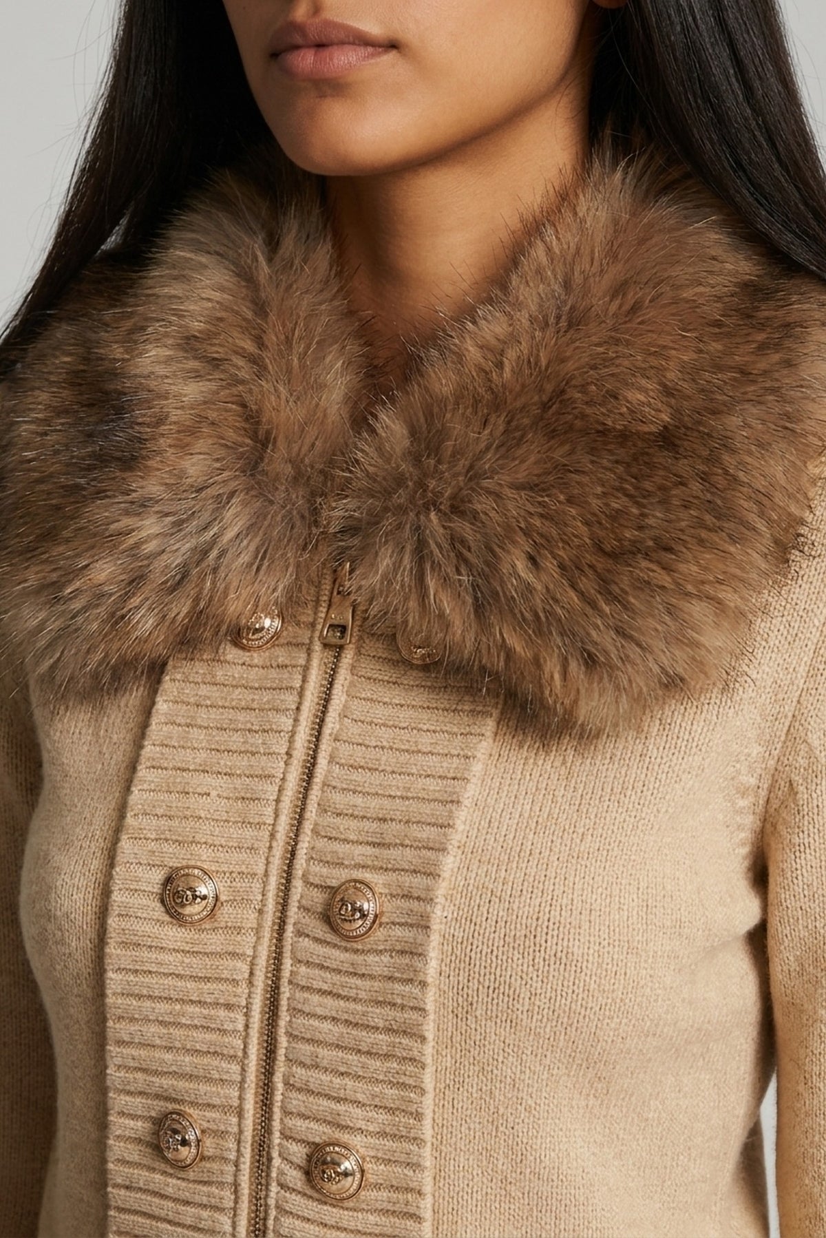 Anouk Fur-Collar Pearl-Button Knit Cardigan close-up of the fur collar - Akalia