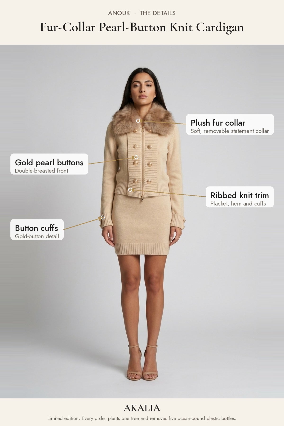 Anouk Fur-Collar Pearl-Button Knit Cardigan details: plush fur collar, gold pearl buttons, ribbed knit trim - Akalia