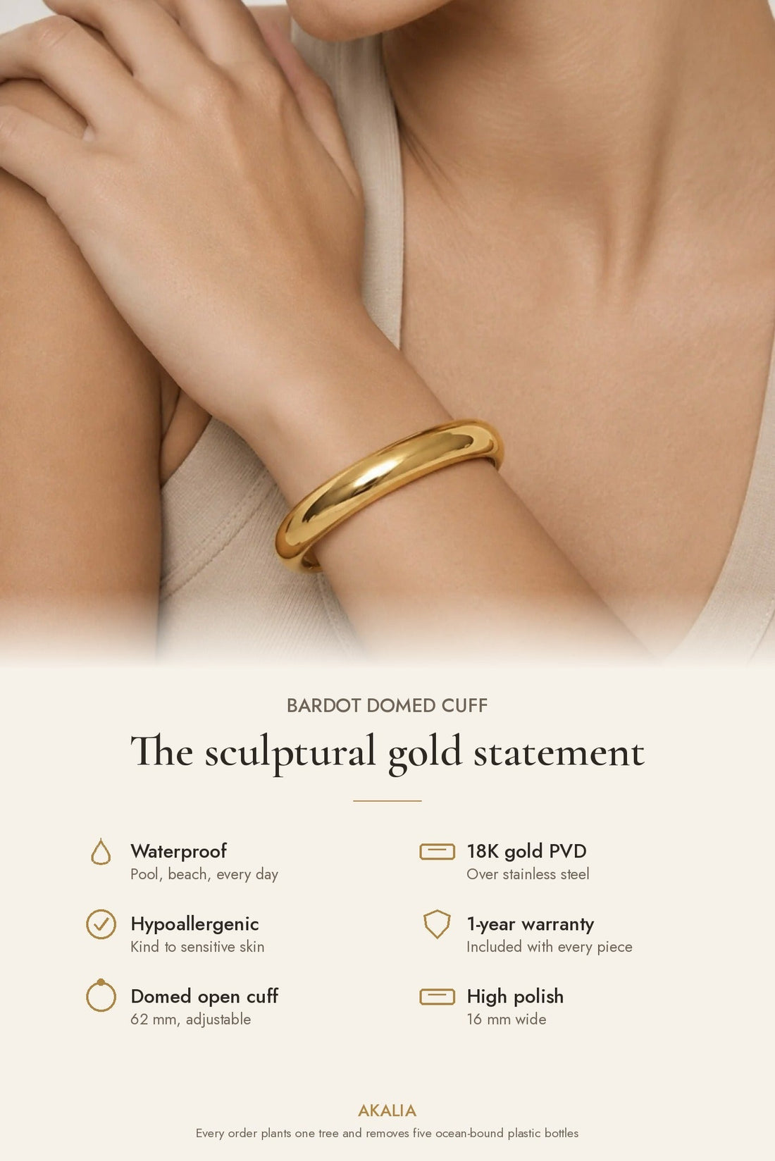 Bardot Waterproof Domed Cuff Bracelet - Akalia