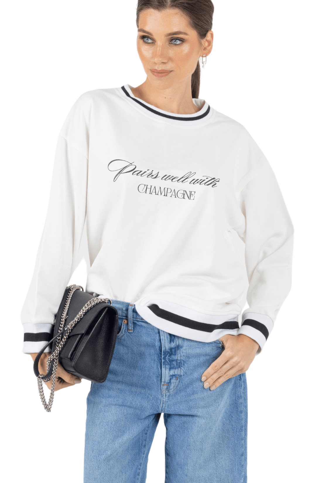 Bella Printed Round Neck Pullover Sweatshirt White - Akalia