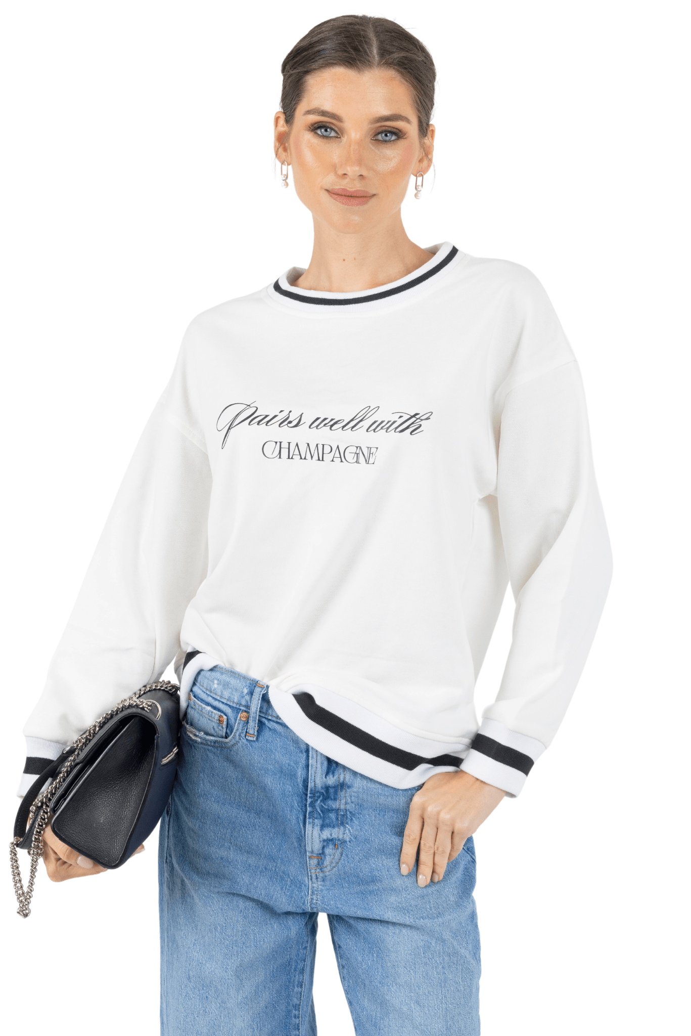 Bella Printed Round Neck Pullover Sweatshirt White - Akalia