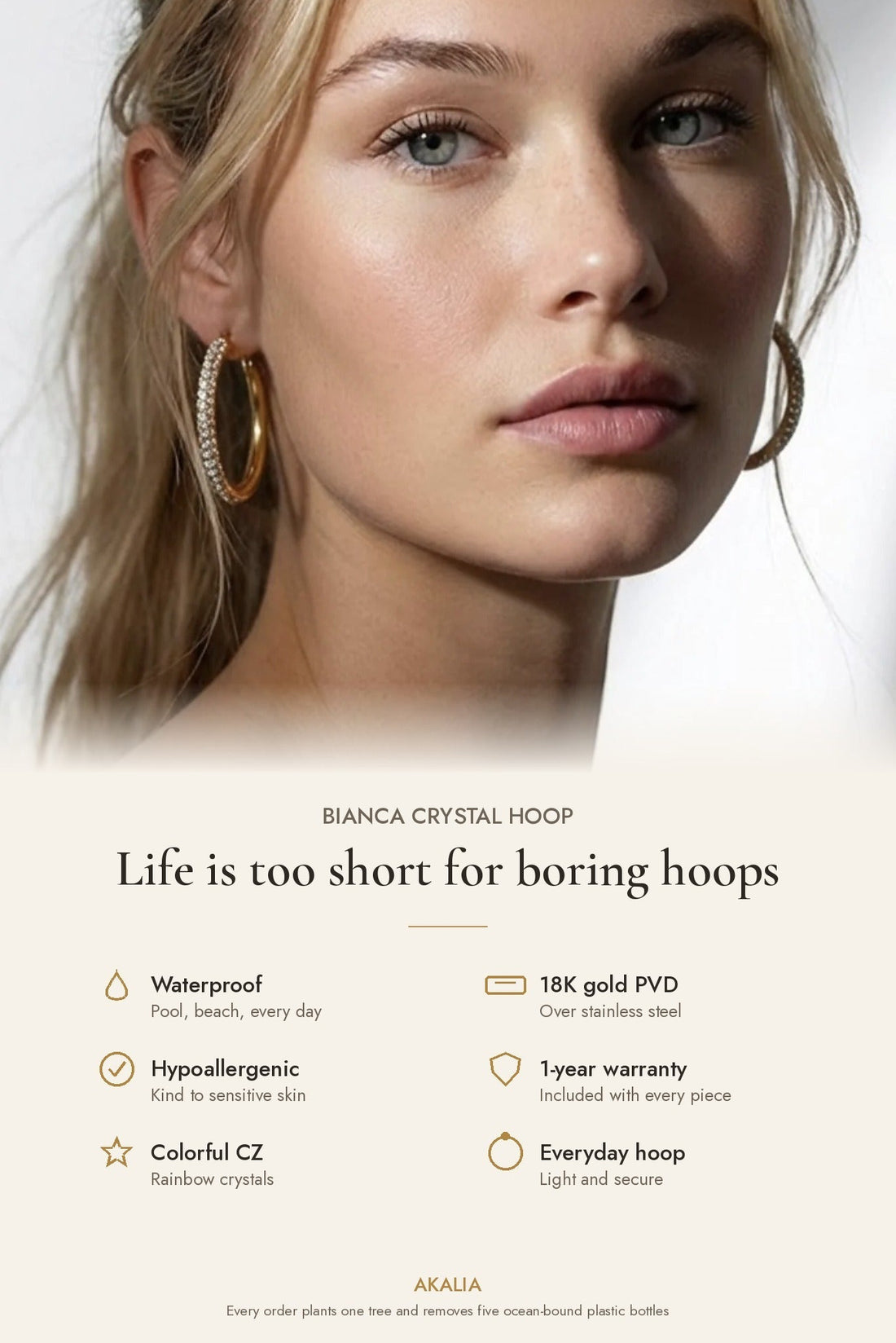 Bianca Waterproof Crystal Hoop Earring - Akalia