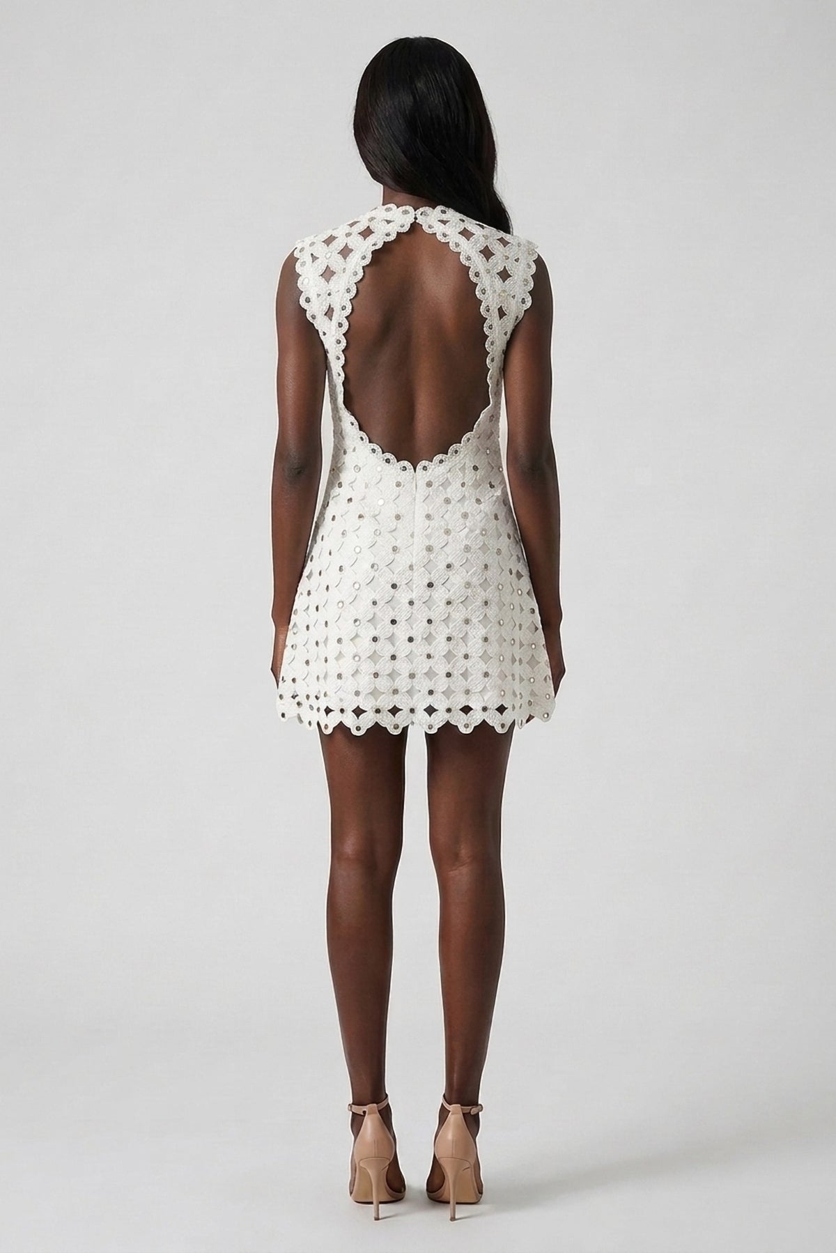 Blanche Mirror-Embellished Lace Mini Dress back view with open back - Akalia