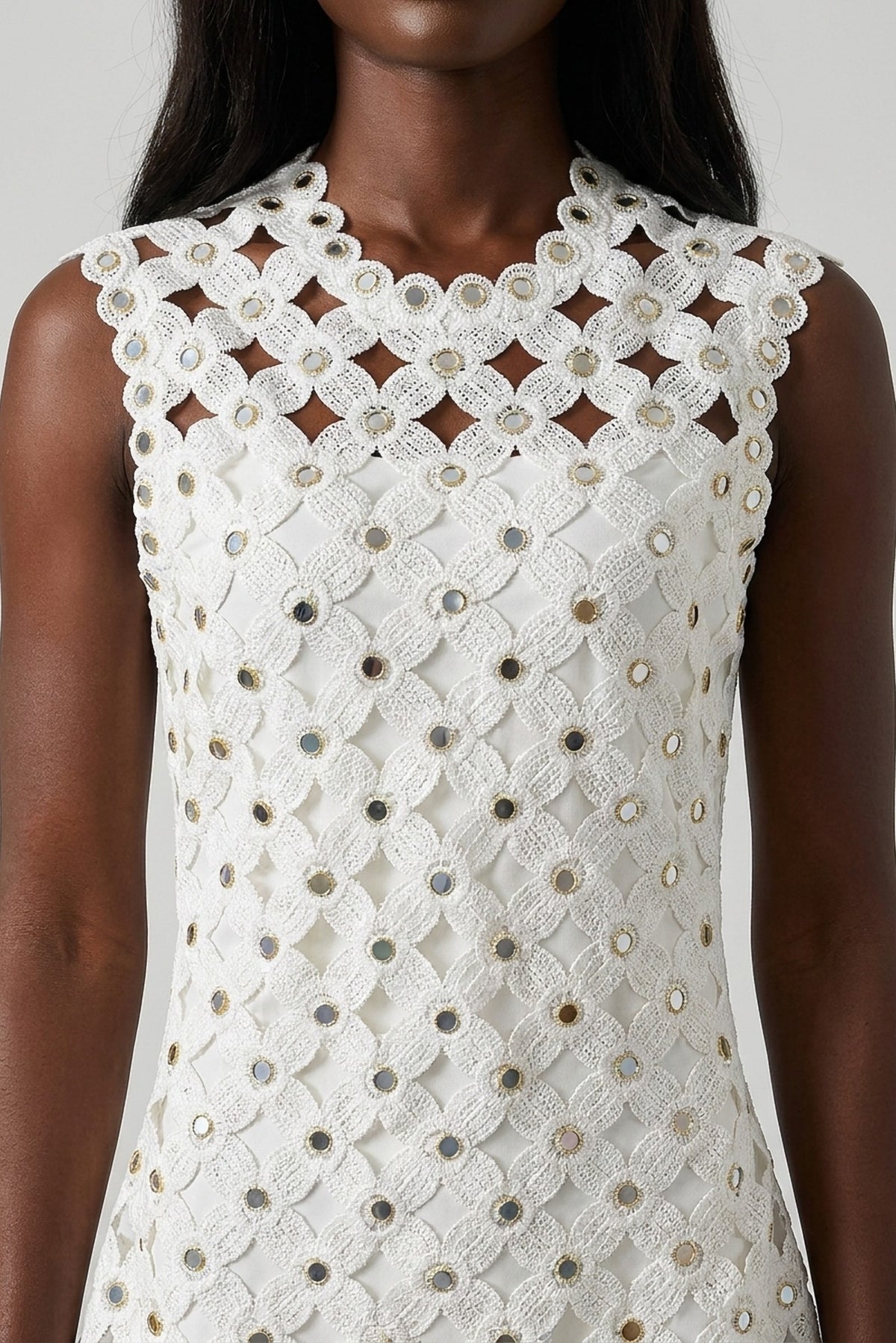 Blanche Mirror-Embellished Lace Mini Dress close-up of the lace bodice - Akalia