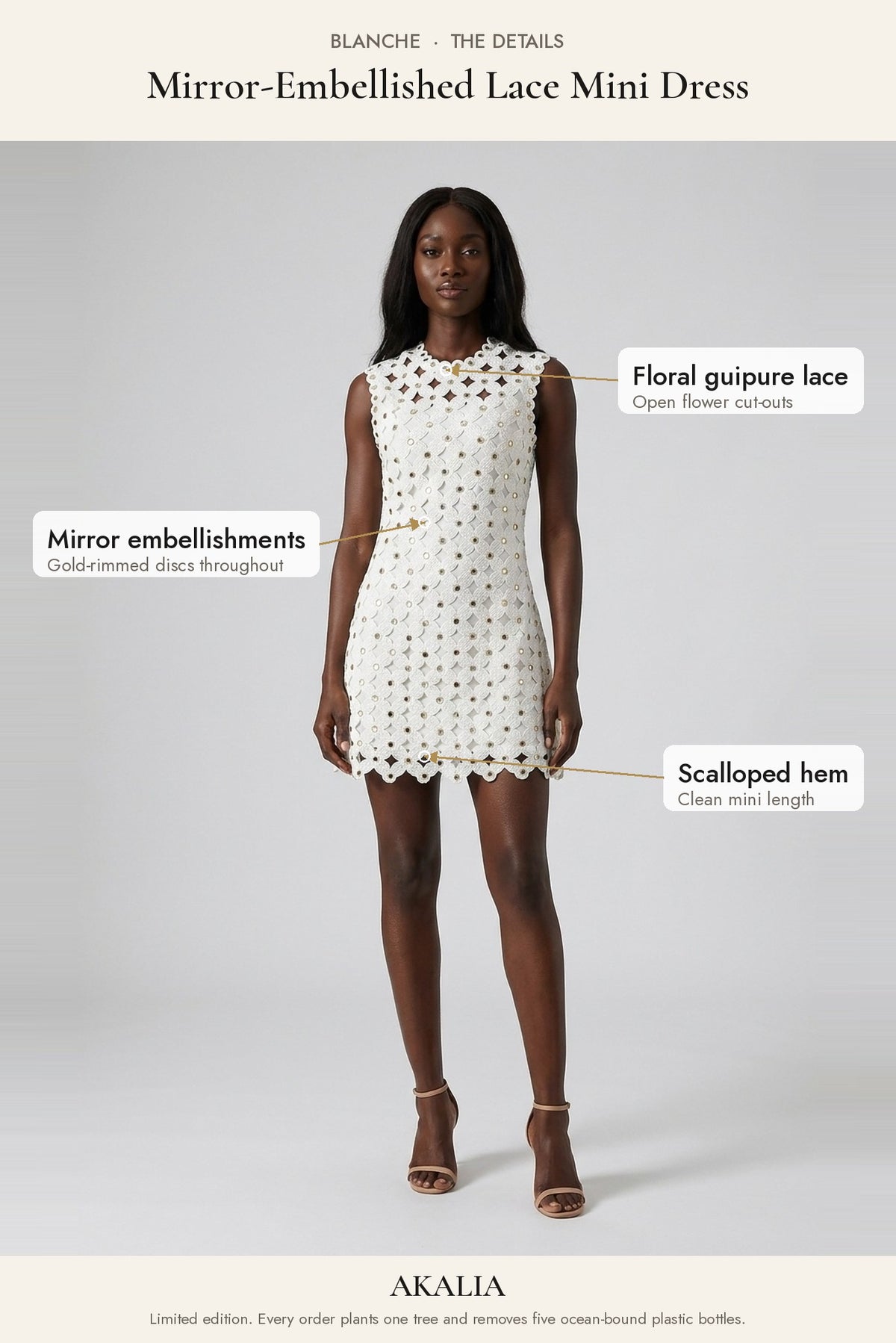 Blanche Mirror-Embellished Lace Mini Dress details: floral guipure lace, mirror embellishments, scalloped hem - Akalia