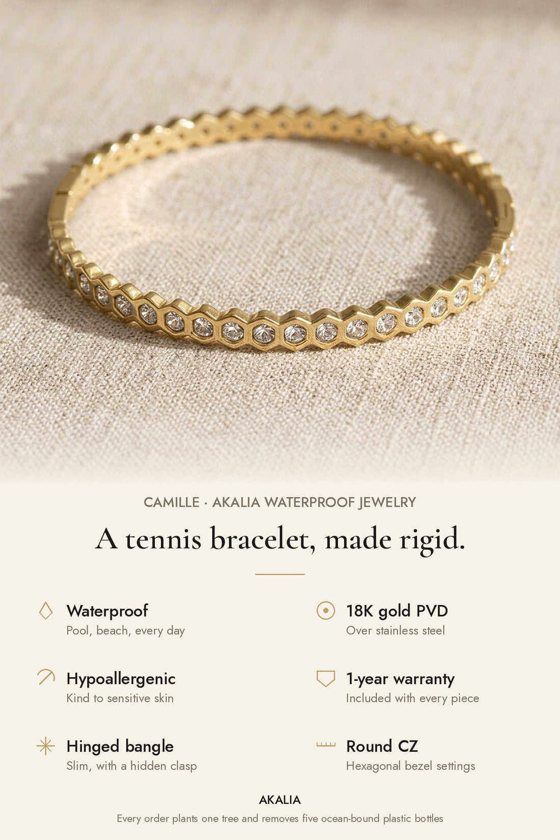Camille Waterproof CZ Tennis Bangle Bracelet - Akalia