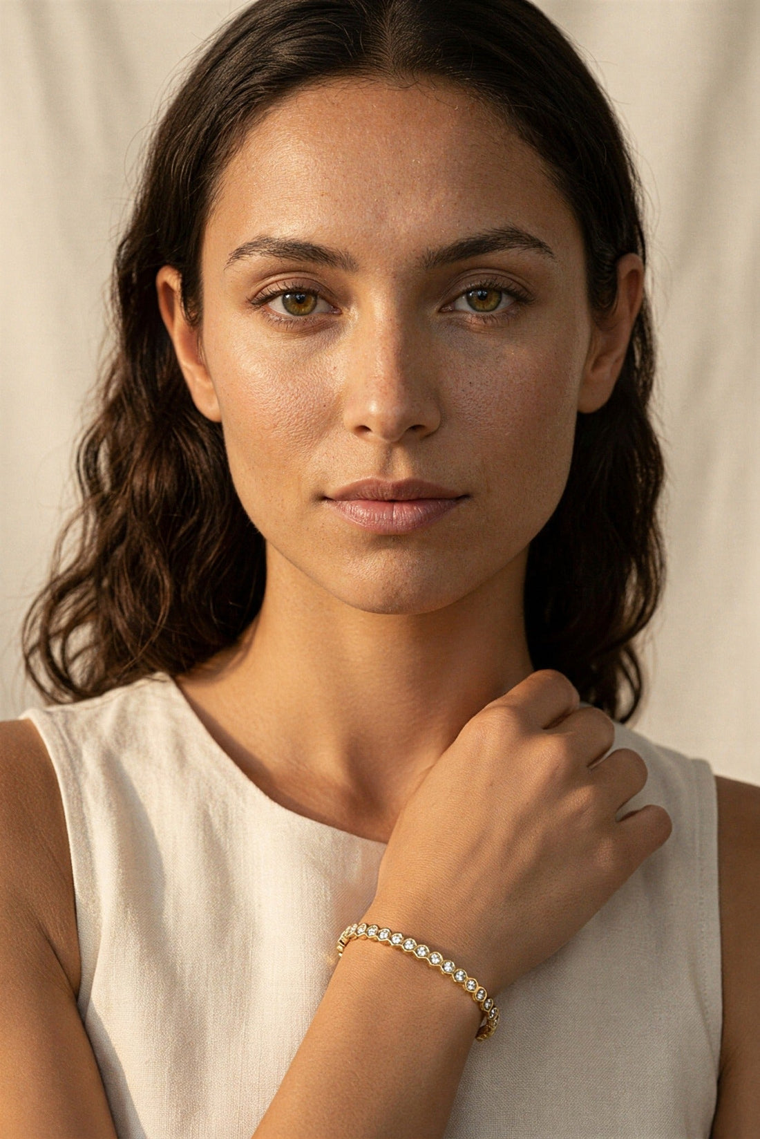 Camille Waterproof CZ Tennis Bangle Bracelet worn by model – Akalia waterproof jewelry