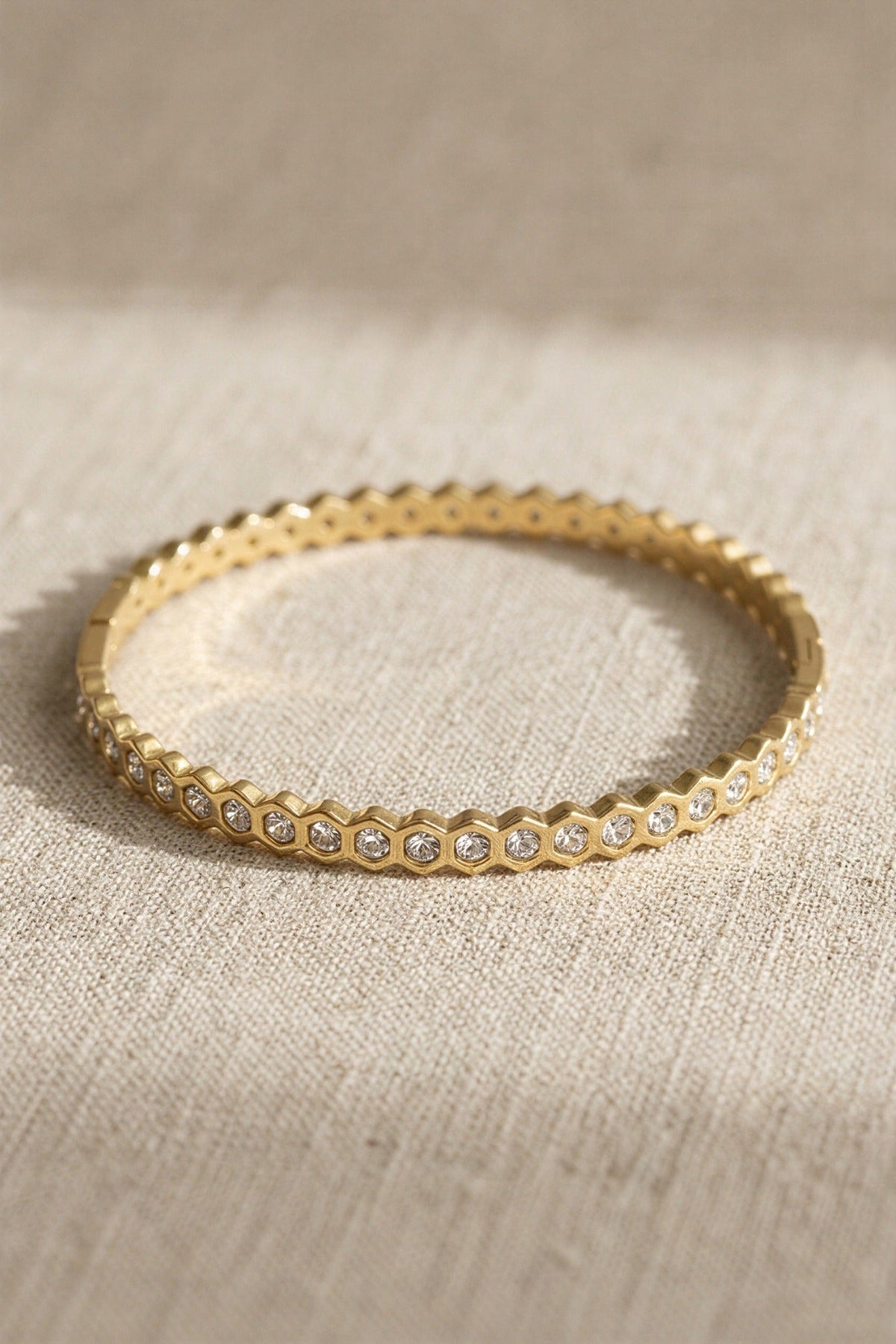 Camille Waterproof CZ Tennis Bangle Bracelet close-up detail – 18K gold PVD over stainless steel