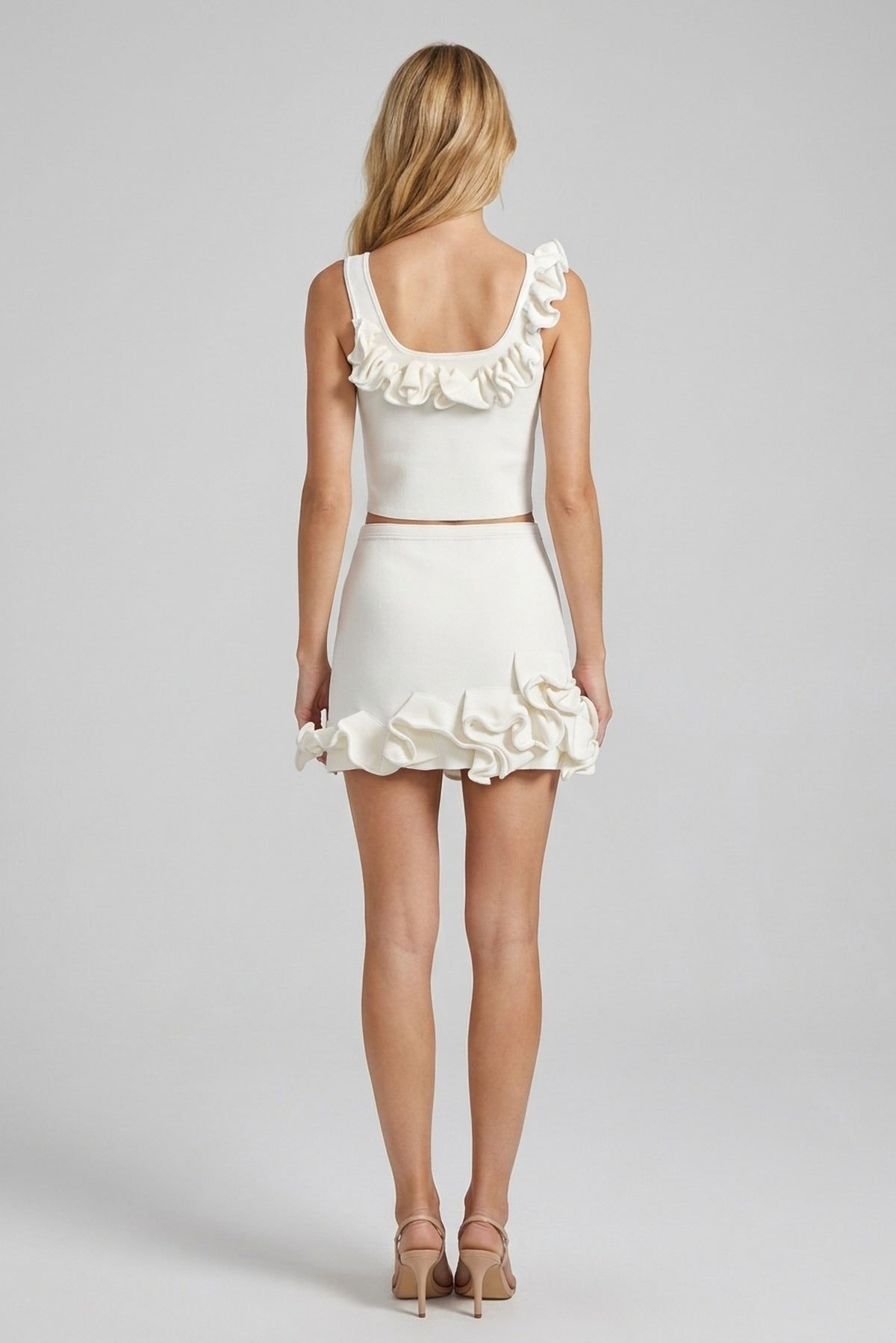 Capucine Ruffle-Trim Knit Tank and Mini Skirt Set back view - Akalia