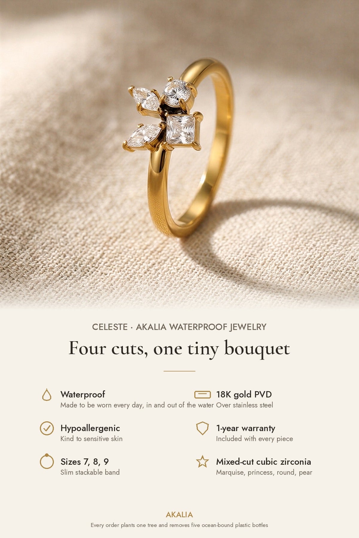 Celeste Waterproof CZ Cluster Ring features: waterproof, 18K gold PVD, hypoallergenic, 1-year warranty