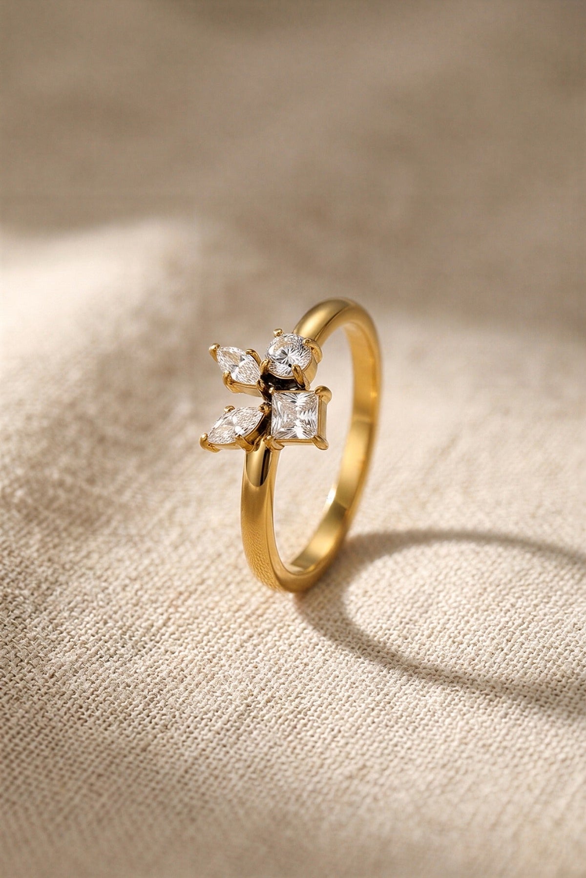 Celeste Waterproof CZ Cluster Ring close-up detail – 18K gold PVD over stainless steel