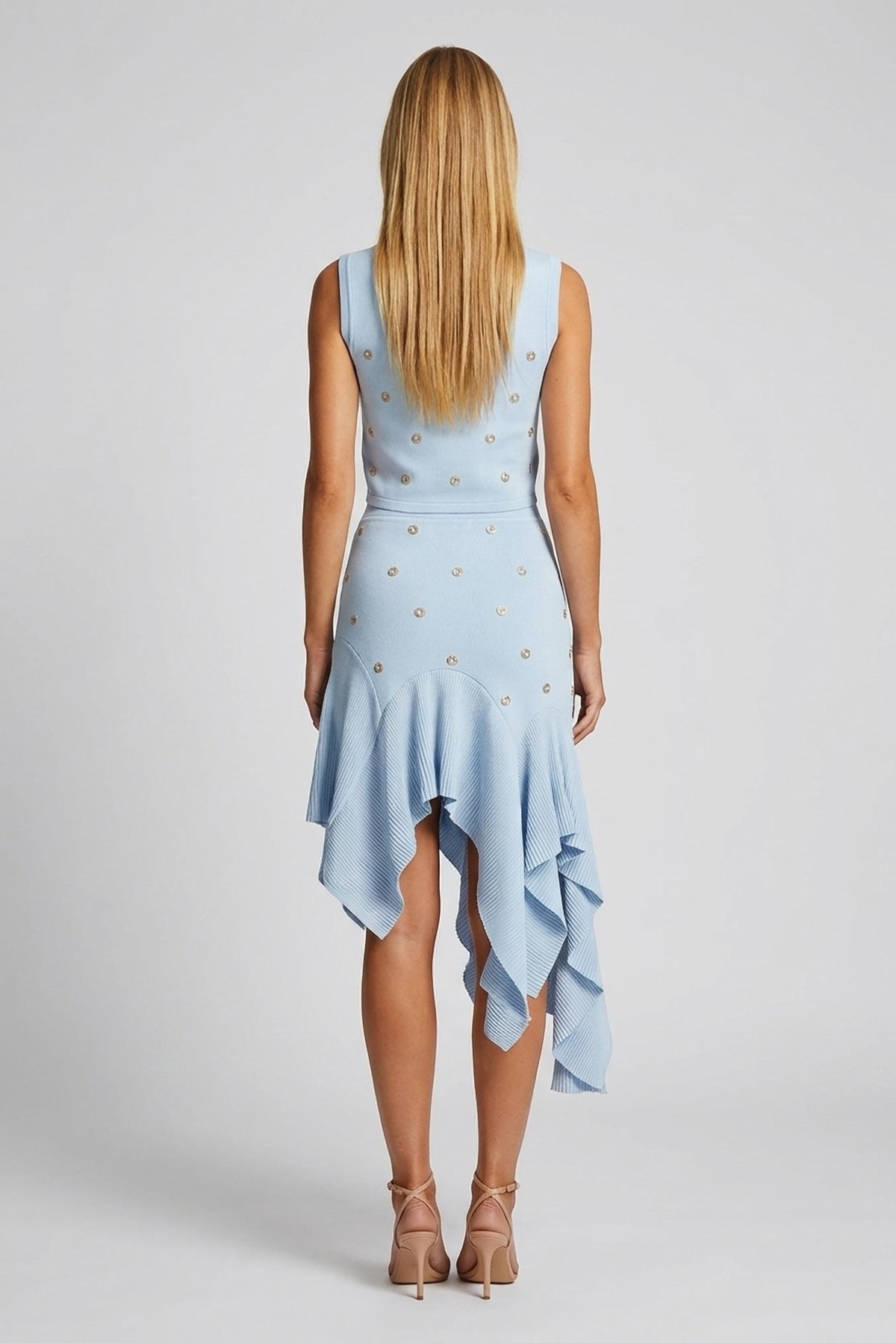 Colette Embellished Knit Vest and Asymmetric Skirt Set back view - Akalia