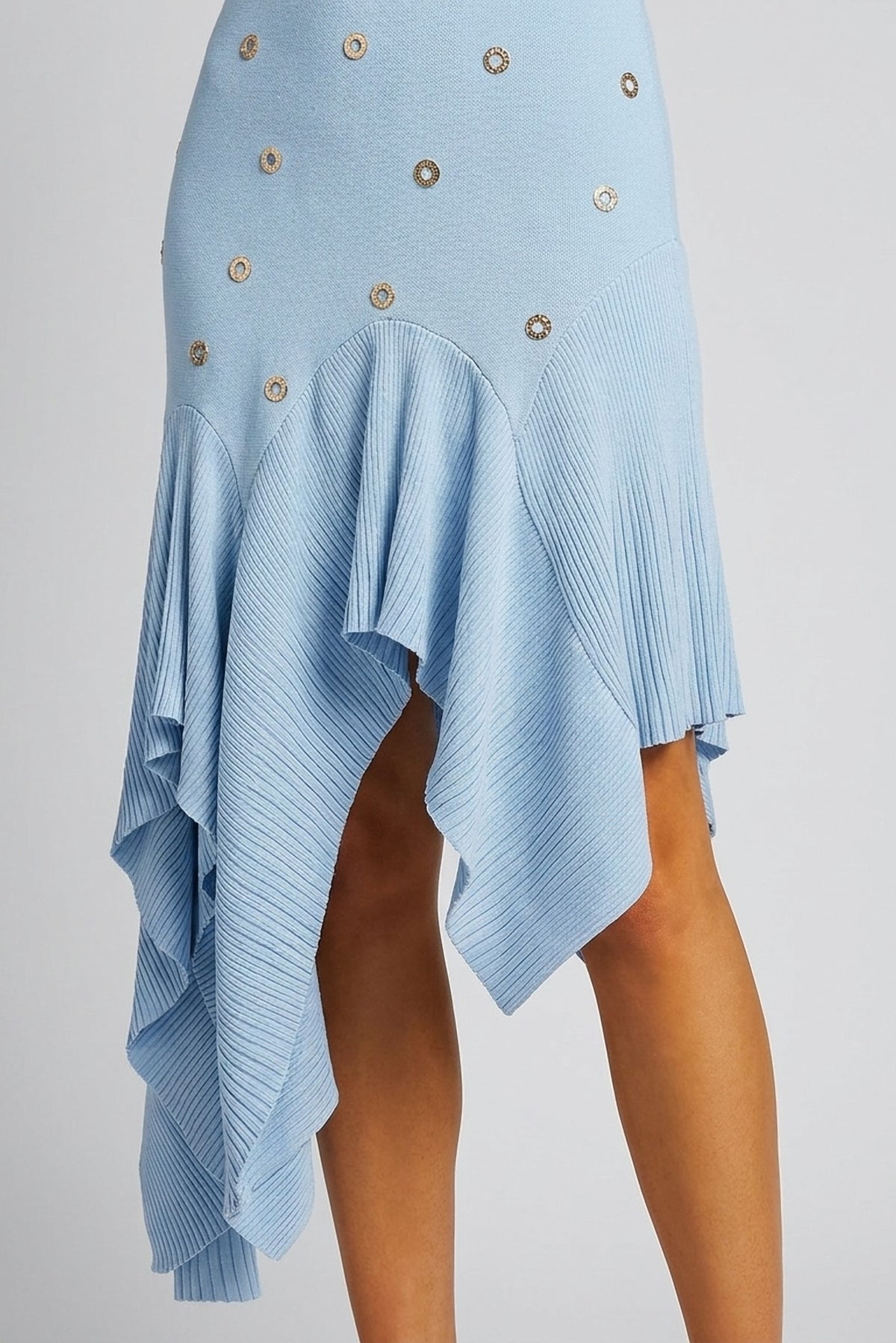 Colette Embellished Knit Vest and Asymmetric Skirt Set close-up of the asymmetric skirt hem - Akalia