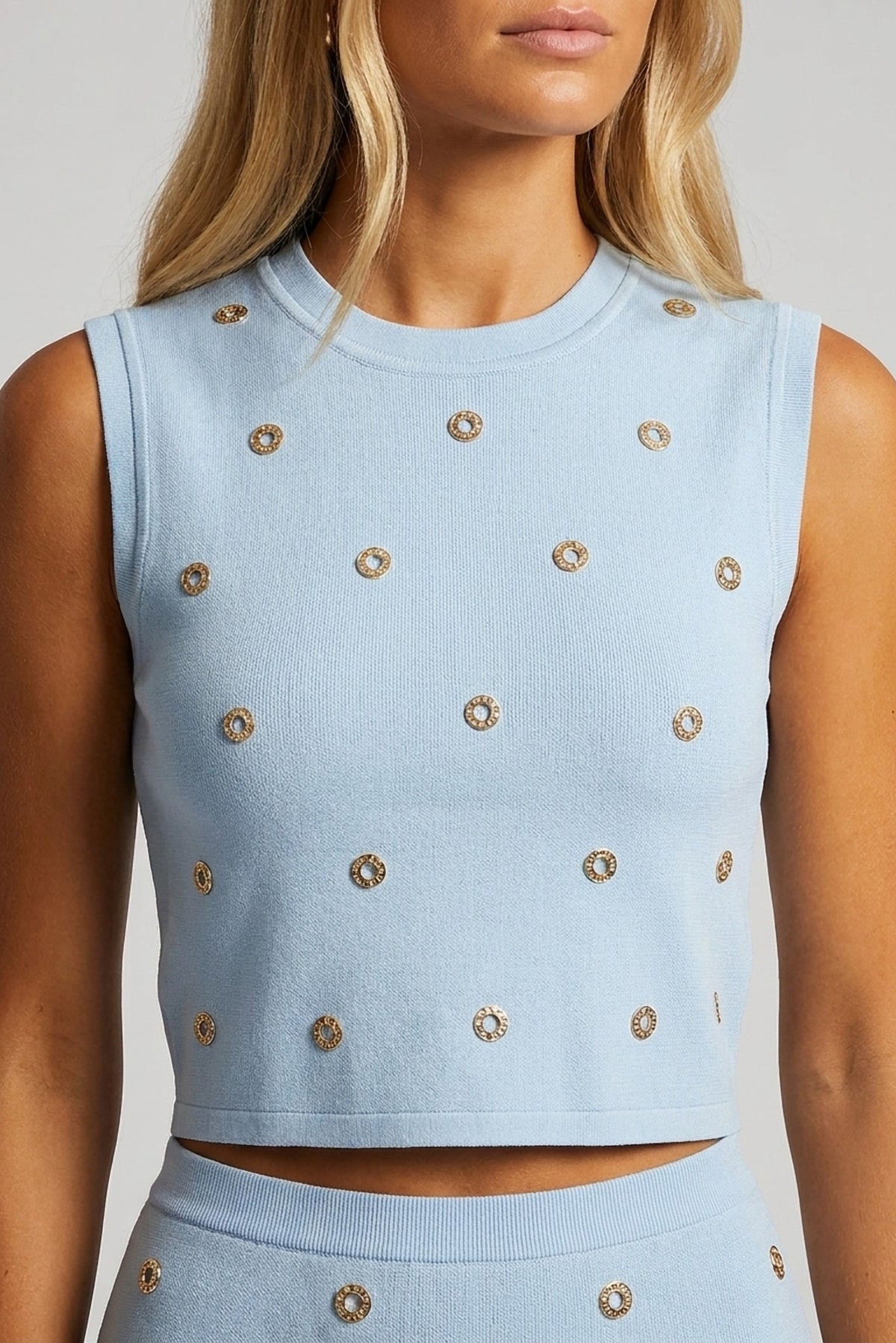 Colette Embellished Knit Vest and Asymmetric Skirt Set close-up of the embellished knit vest - Akalia