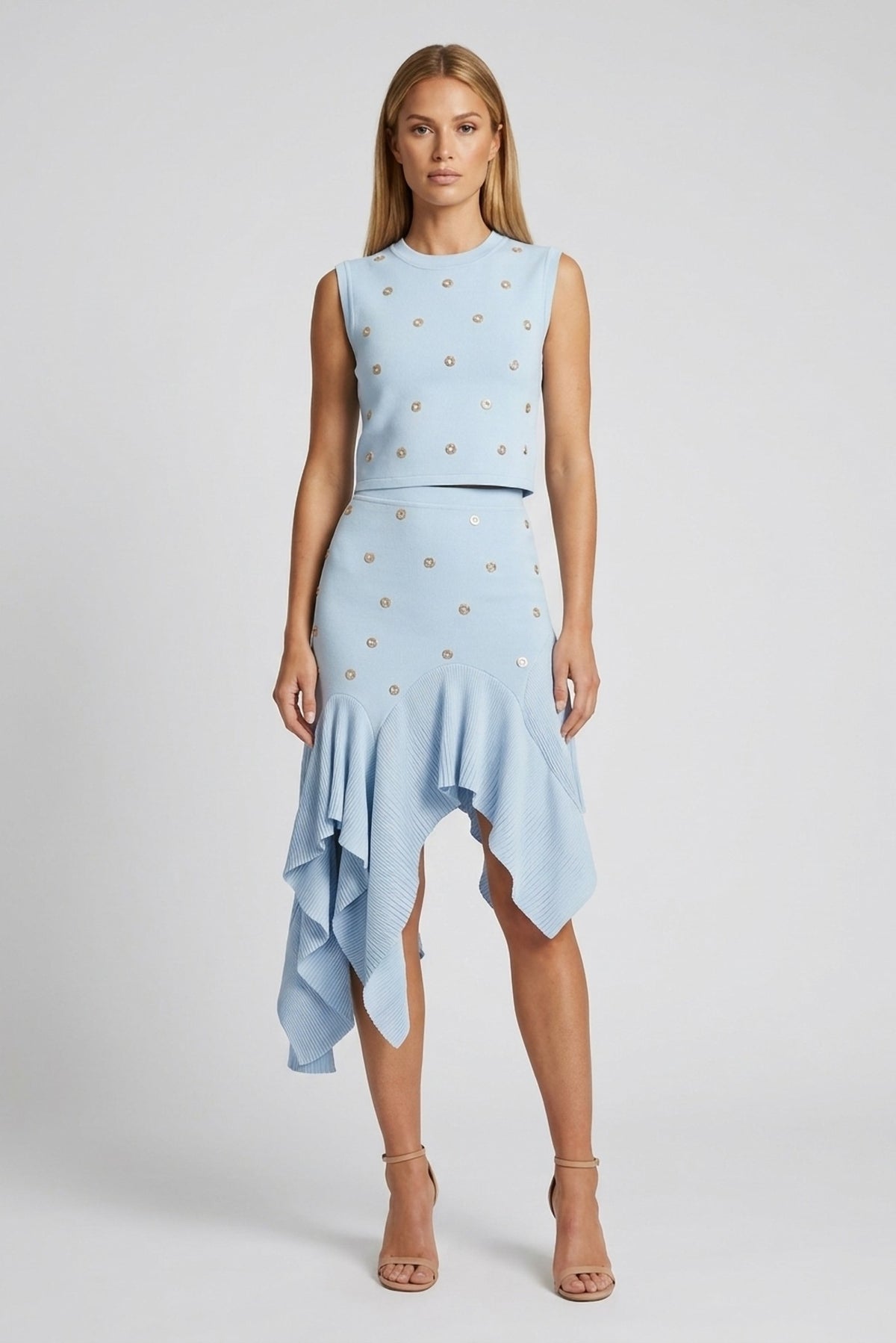 Colette Embellished Knit Vest and Asymmetric Skirt Set front view - Akalia