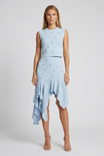 Colette Embellished Knit Vest and Asymmetric Skirt Set front view - Akalia