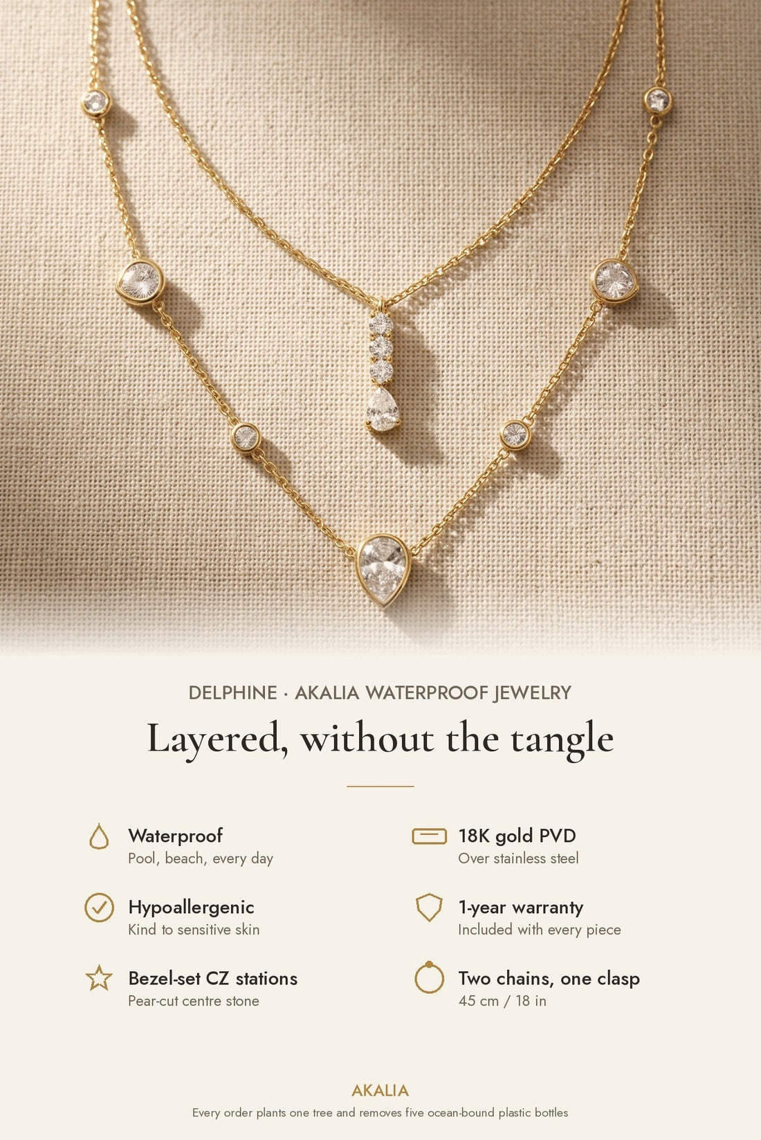 Delphine Waterproof Layered Teardrop CZ Necklace - Akalia