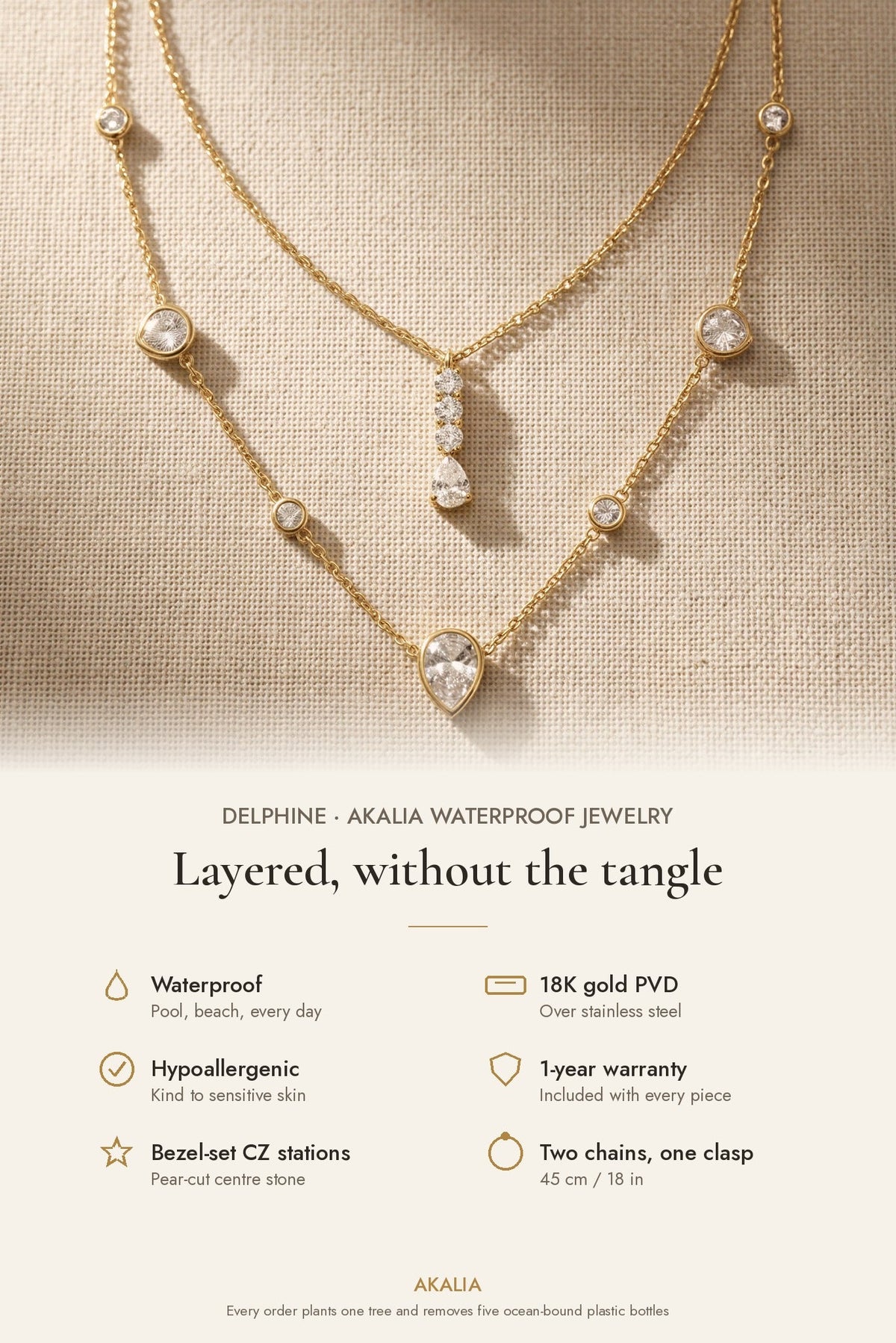 Delphine Waterproof Layered Teardrop CZ Necklace features: waterproof, 18K gold PVD, hypoallergenic, 1-year warranty