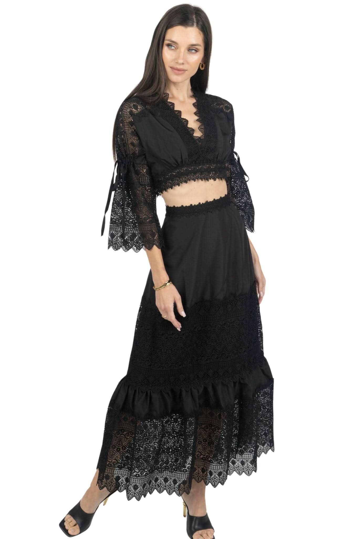 Emily Guipure Lace Top & Maxi Skirt Set In Black - Akalia
