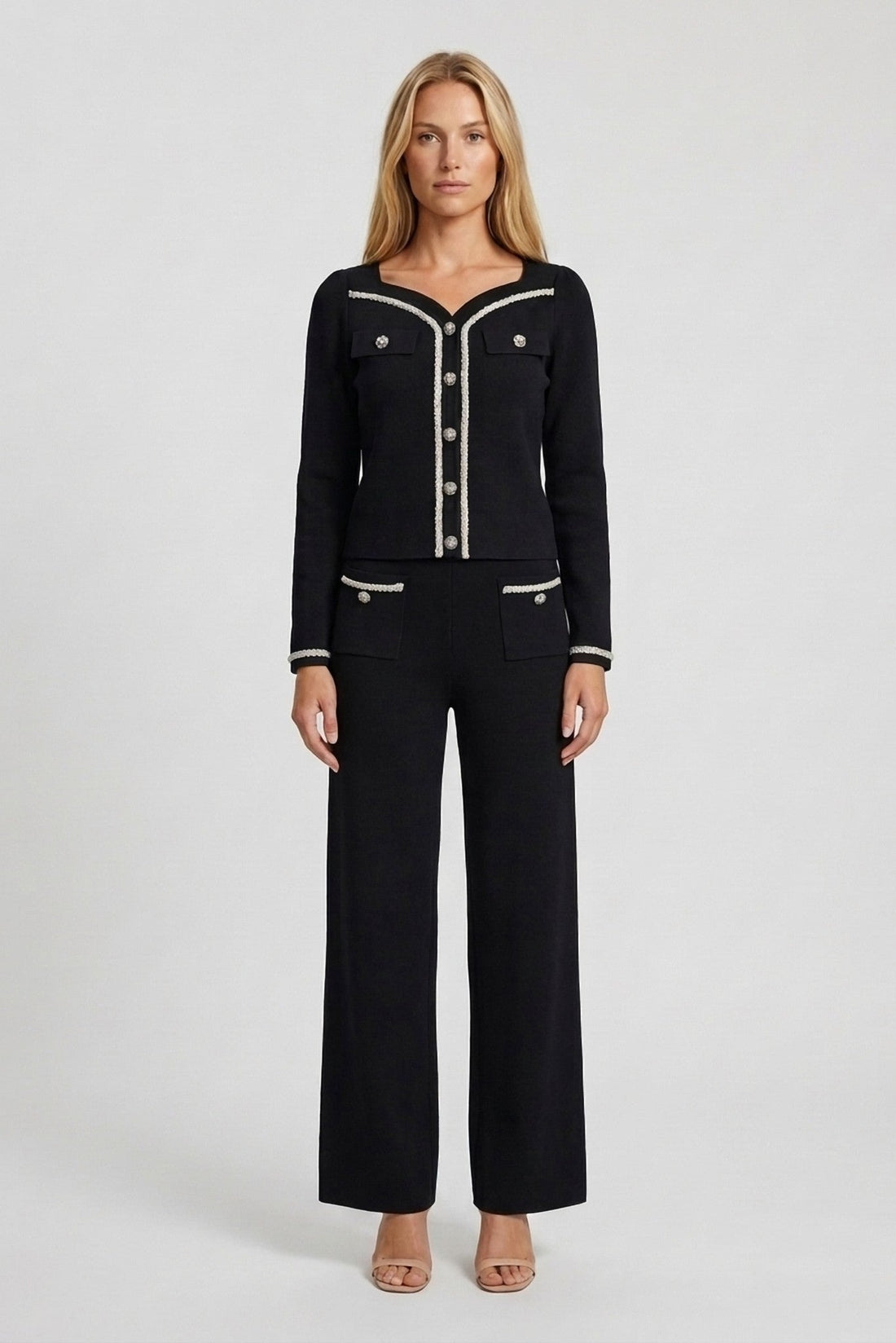 Emmeline Pearl-Trim Knit Cardigan and Pant Set - Akalia