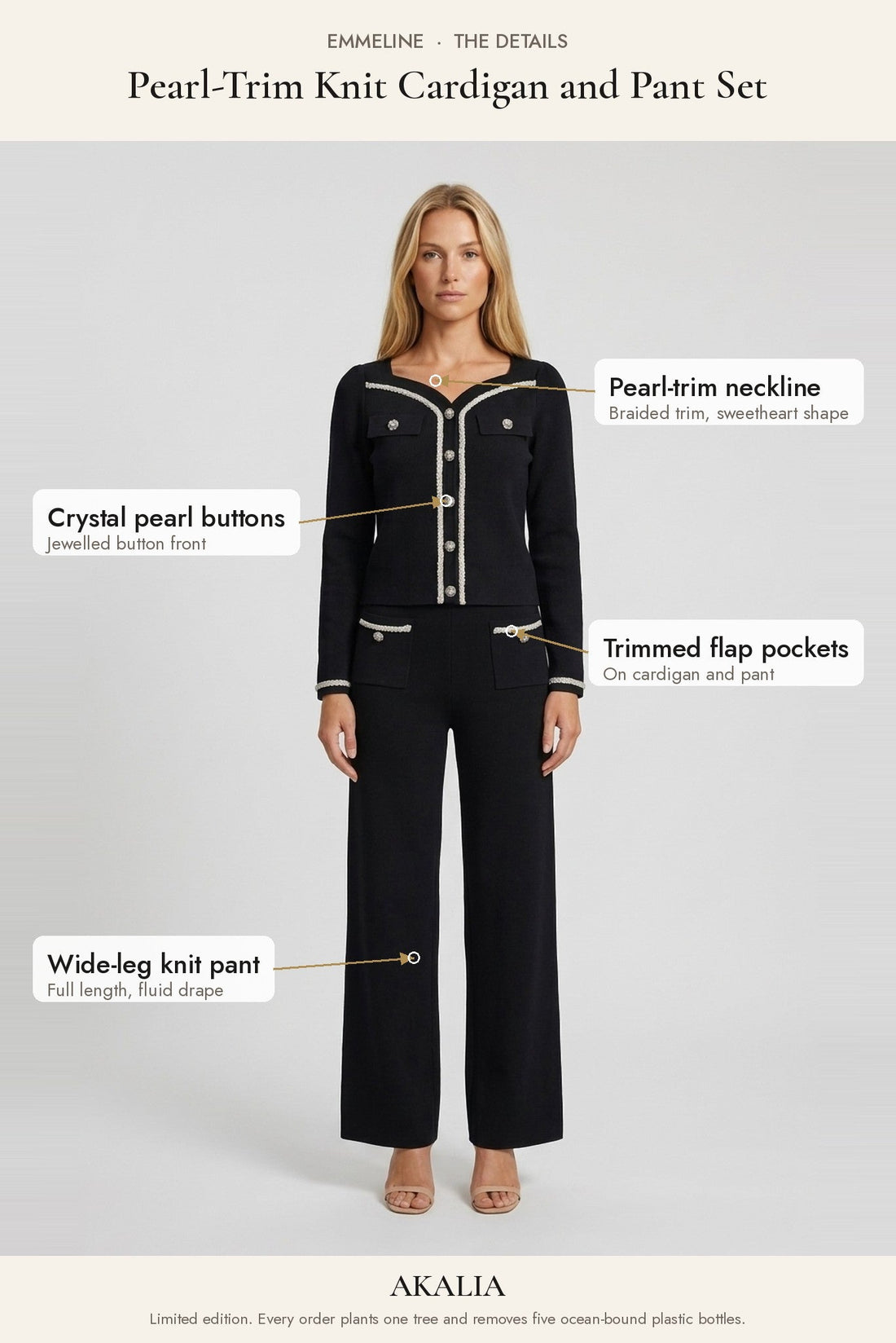 Emmeline Pearl-Trim Knit Cardigan and Pant Set - Akalia