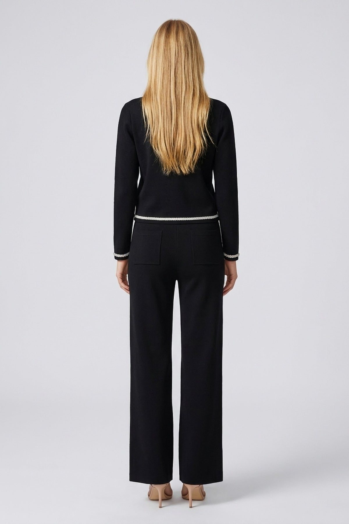 Emmeline Pearl-Trim Knit Cardigan and Pant Set back view - Akalia