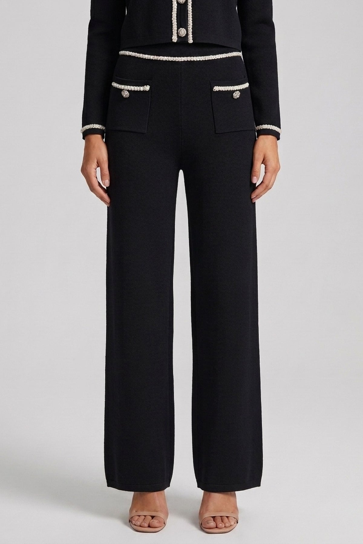 Emmeline Pearl-Trim Knit Cardigan and Pant Set close-up of the wide-leg pant - Akalia