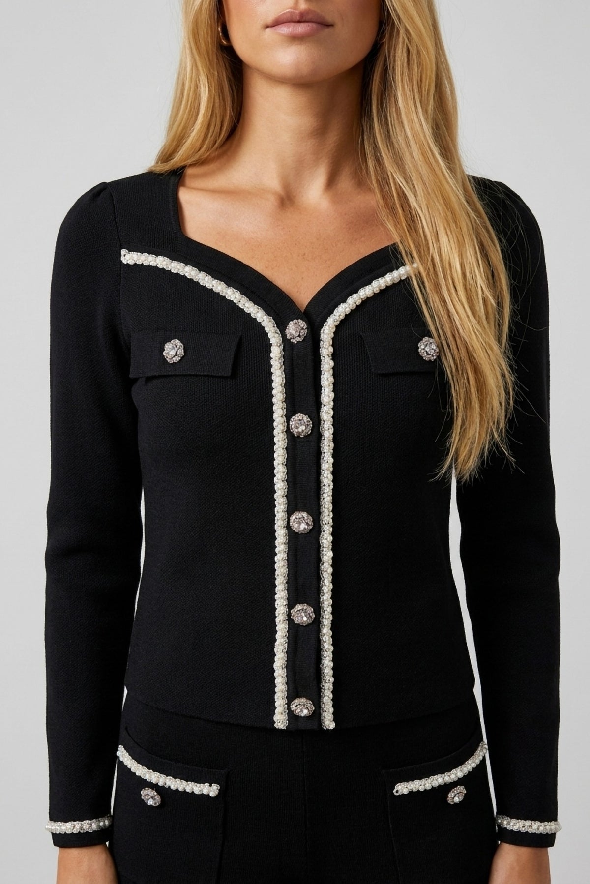 Emmeline Pearl-Trim Knit Cardigan and Pant Set close-up of the pearl-trim cardigan - Akalia