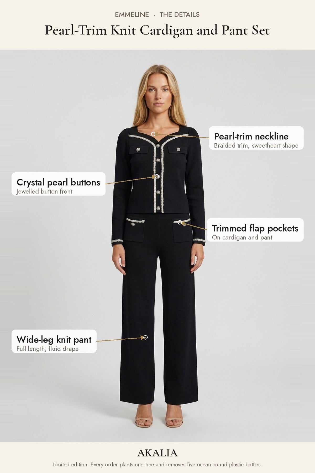 Emmeline Pearl-Trim Knit Cardigan and Pant Set details: pearl-trim neckline, crystal pearl buttons, wide-leg knit pant - Akalia
