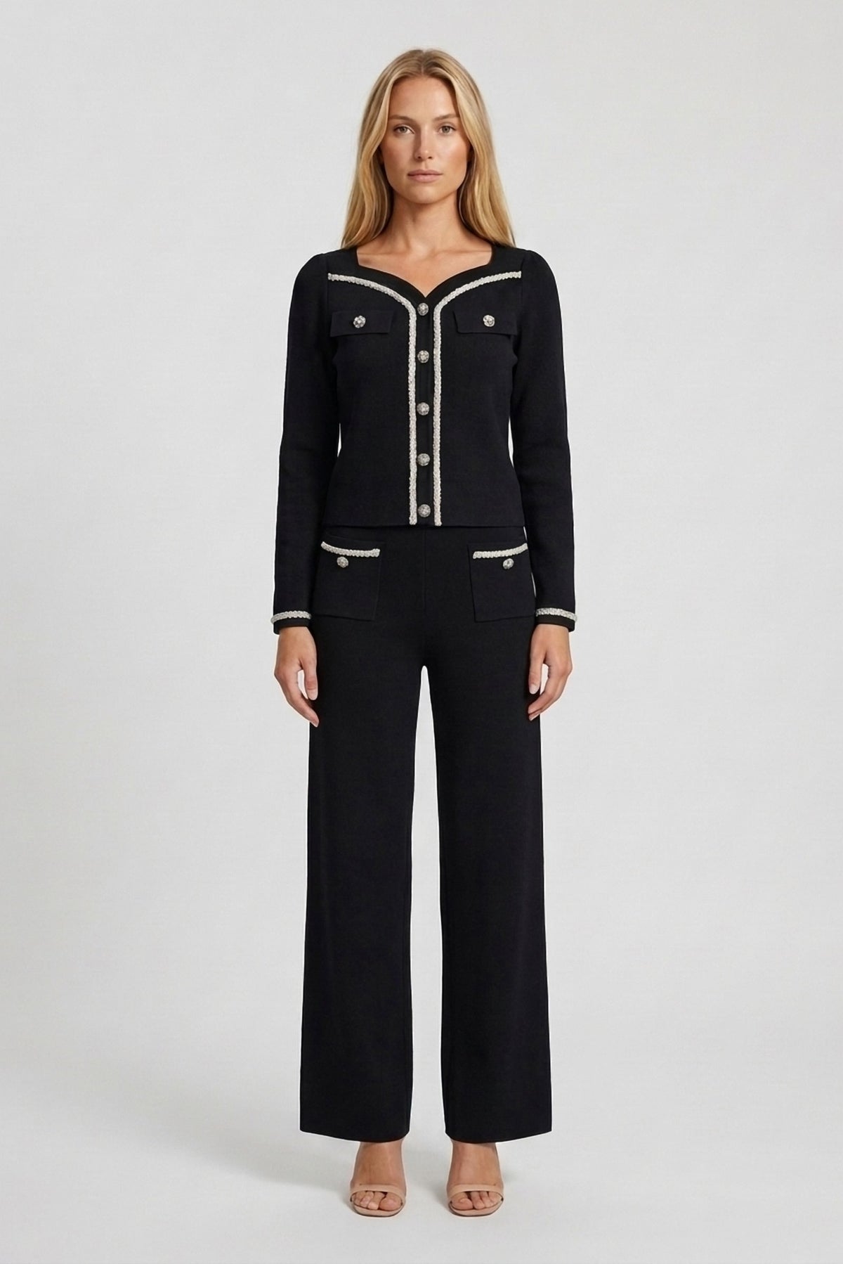 Emmeline Pearl-Trim Knit Cardigan and Pant Set front view - Akalia
