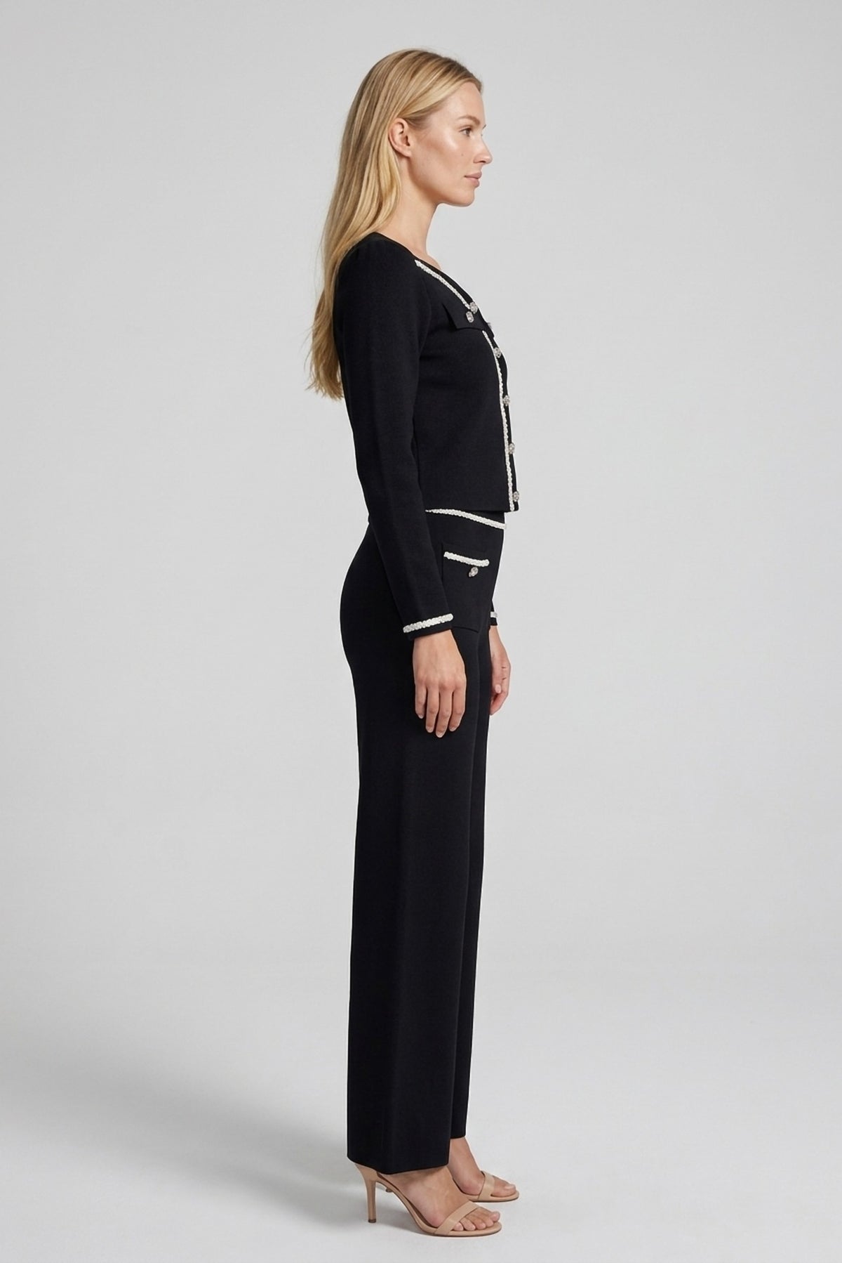 Emmeline Pearl-Trim Knit Cardigan and Pant Set side view - Akalia