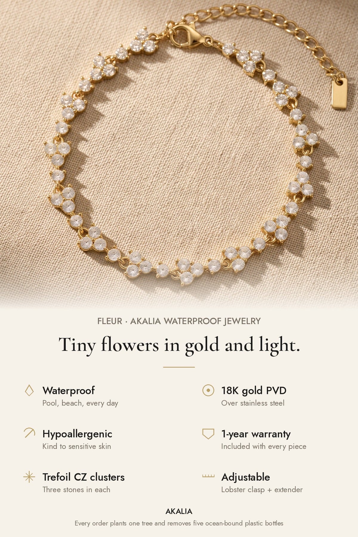 Fleur Waterproof Floral CZ Cluster Bracelet features: waterproof, 18K gold PVD, hypoallergenic, 1-year warranty