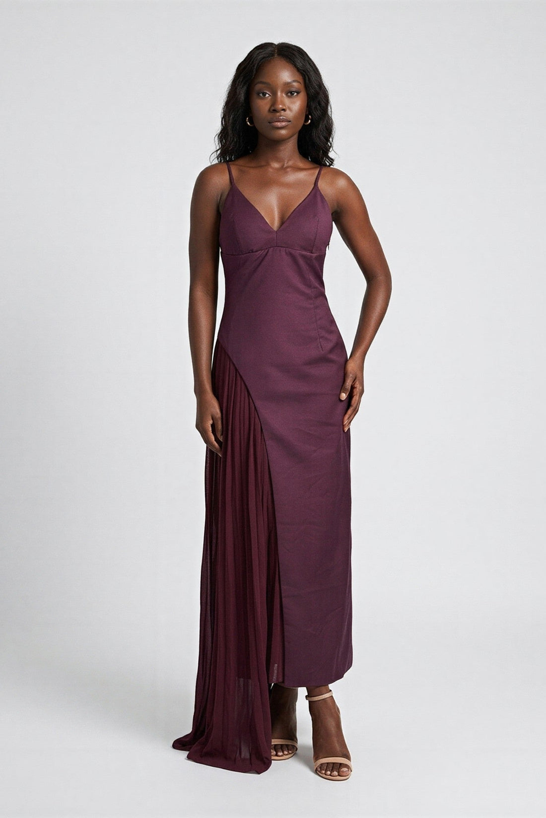 Giselle Satin Pleat-Panel Slip Maxi Dress - Akalia
