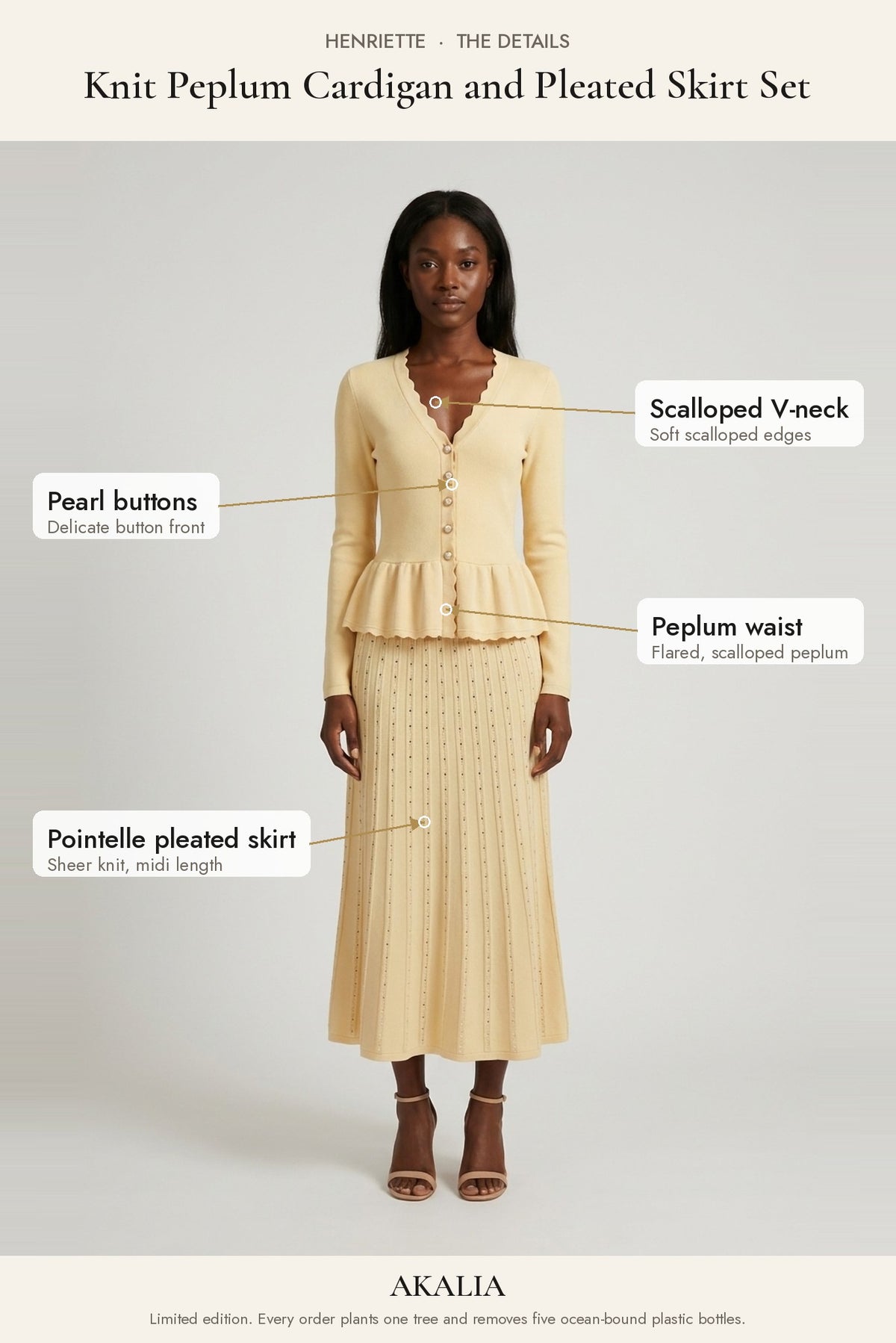 Henriette Knit Peplum Cardigan and Pleated Skirt Set details: scalloped V-neck, pearl buttons, pointelle pleated skirt - Akalia