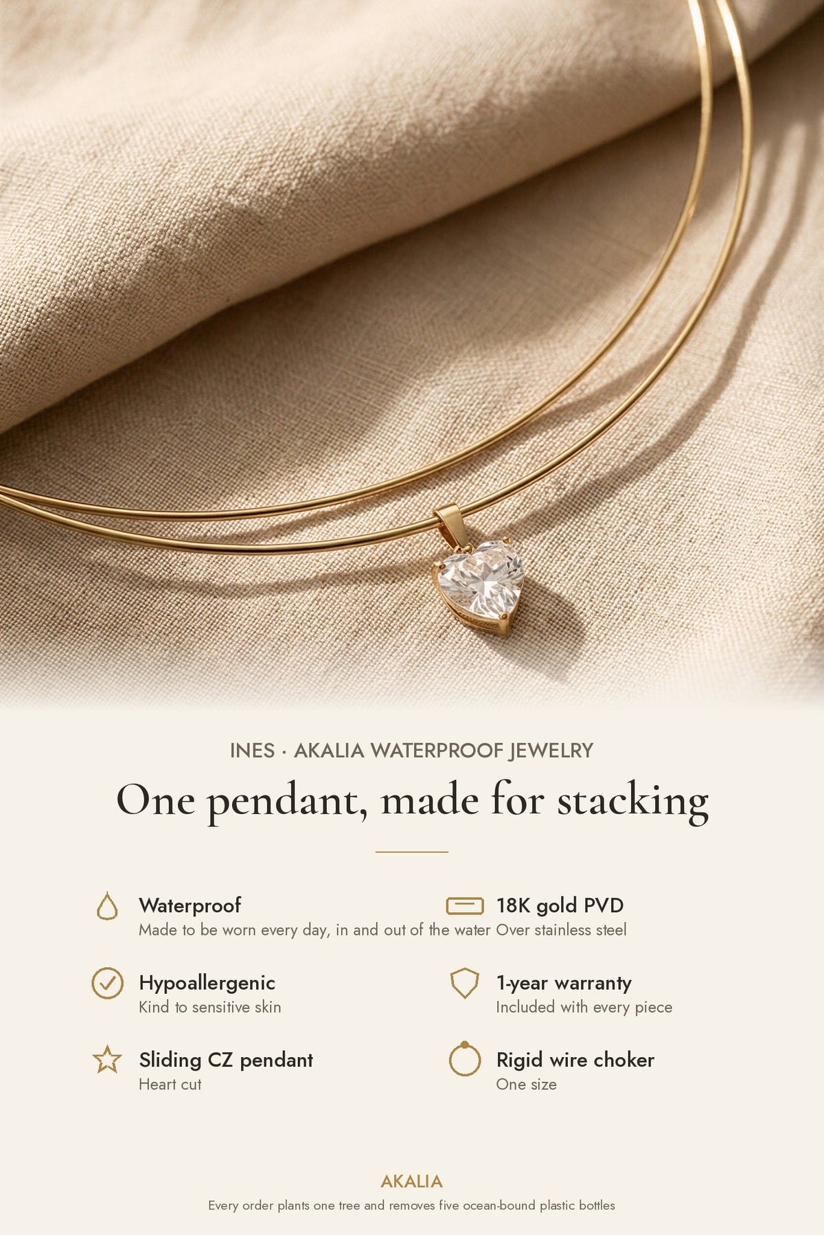 Ines Waterproof CZ Pendant Wire Choker Necklace features: waterproof, 18K gold PVD, hypoallergenic, 1-year warranty